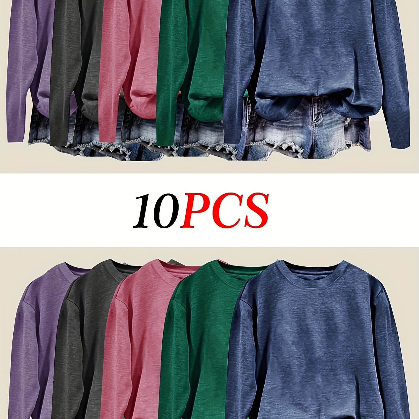 TEMU Solid Color Long Sleeve Round Neck Loose Casual Autumn And Winter T-shirt, Fashionable Vacation Everyday Versatile Retro Style Top 10pcs Set,