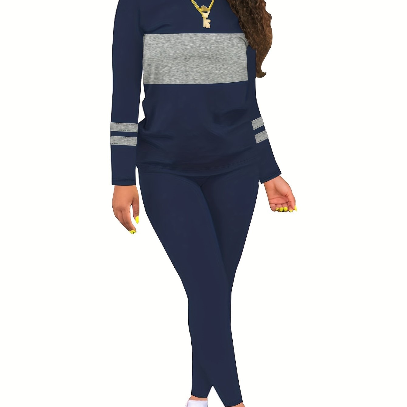 TEMU Stylish Color Block Striped Round Neck Long Sleeve Two-piece Autumn/winter Stretch Women's Set