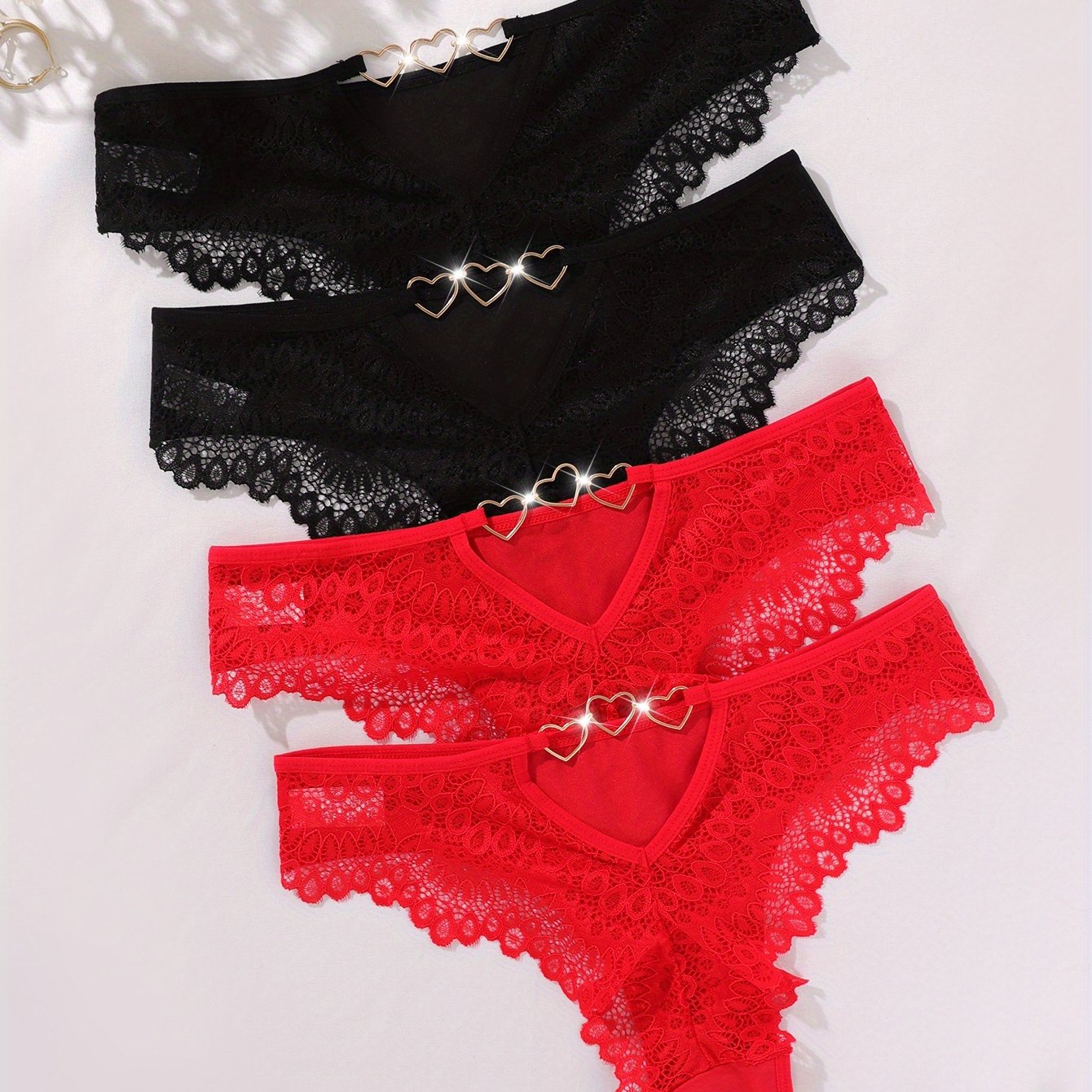 Image of 4pcs Lace Sexy Triangle Panties, Heart-shaped Ring Closure Hollow Low-waist Drawstring Panties, Women's Underwear