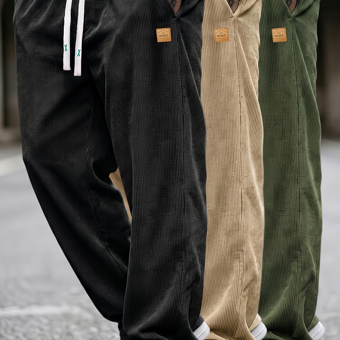 TEMU 3pcs Men's Outdoor Corduroy Straight-leg Cargo Casual Pants, Loose And Comfortable, Adjustable Drawstring, Soft And Wear-resistant, Multiple