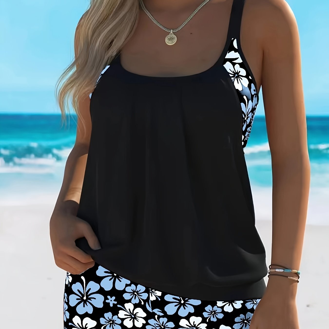 Image of Black Floral Print Tankini 2pcs Swimsuit With Flesh-concealing, Boxer Briefs For Conservative Wear