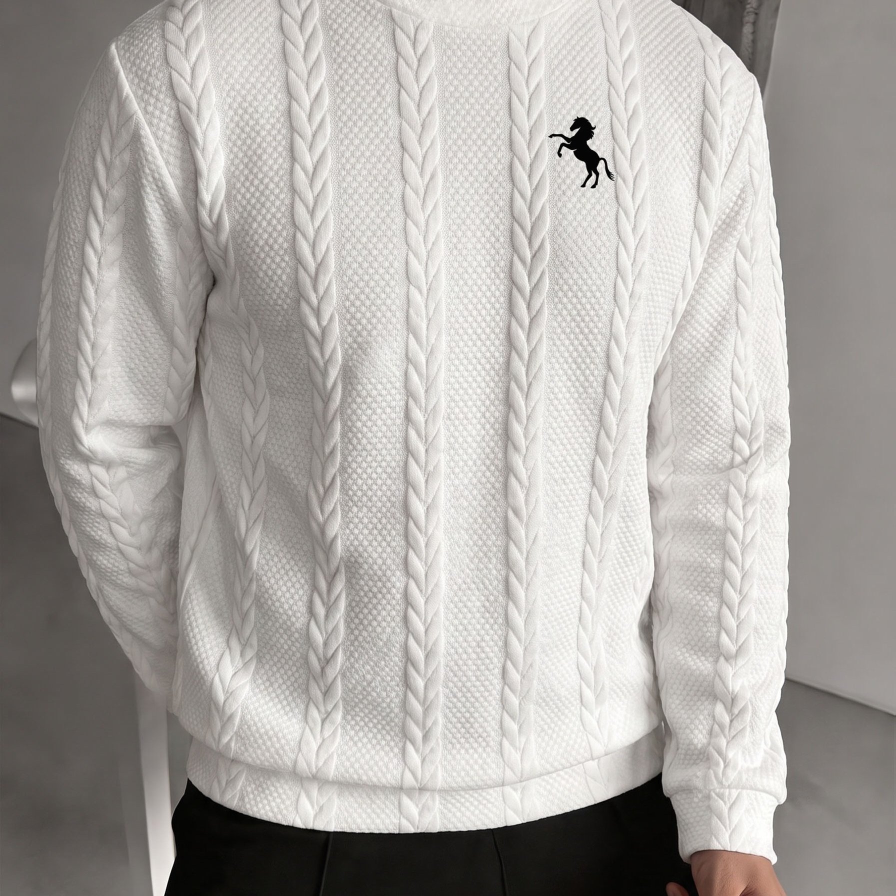 TEMU Spring And Autumn Season, Horse Print Men's Casual Jacquard Knit Textured Fabric Round Neck Sweatshirt
