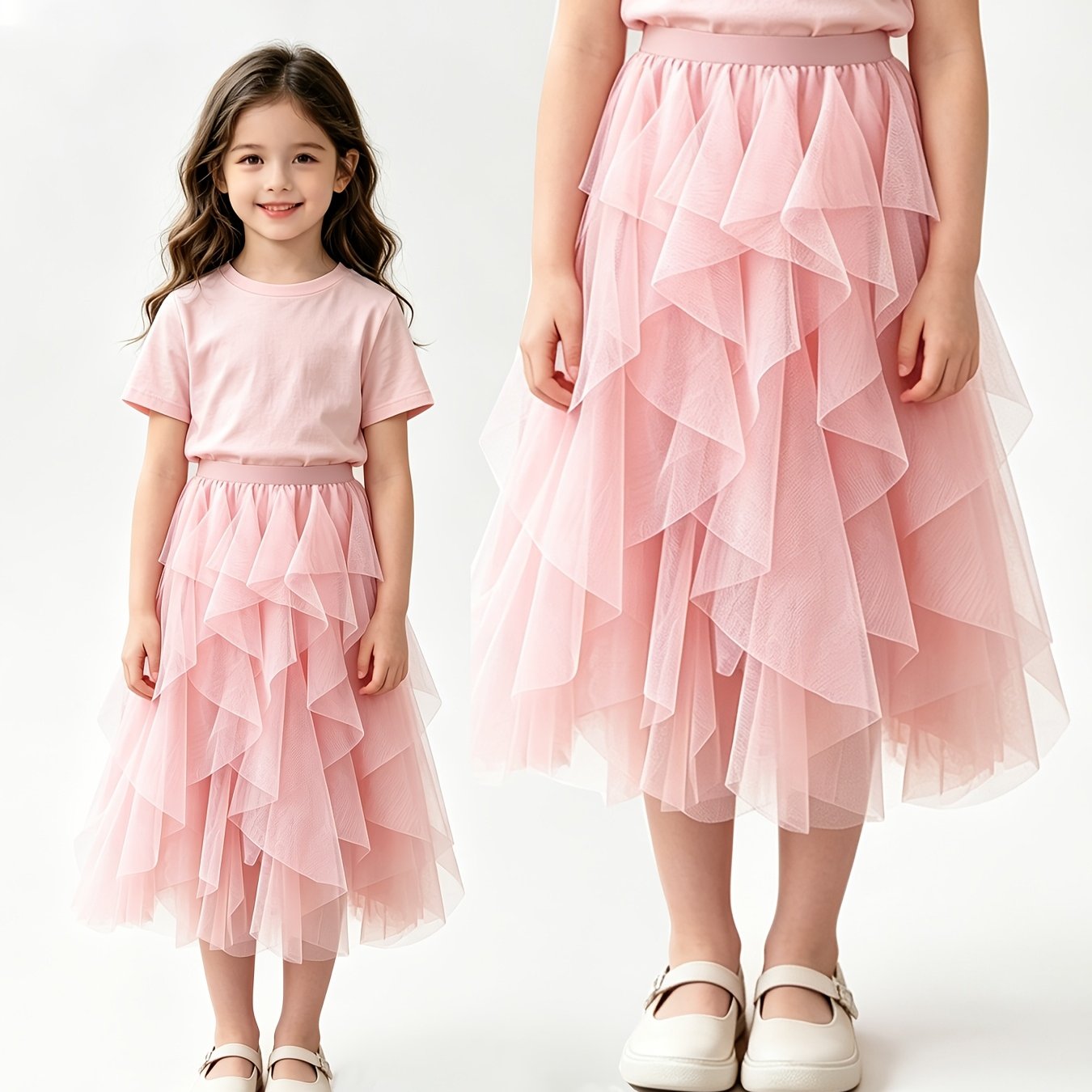 Image of Elegant High-waist Midi Tulle Skirt For Girls - Zcaynger, Breathable Polyester, Non-stretch, Solid Color, Layered Hem, Irregular, Drop, Half-length