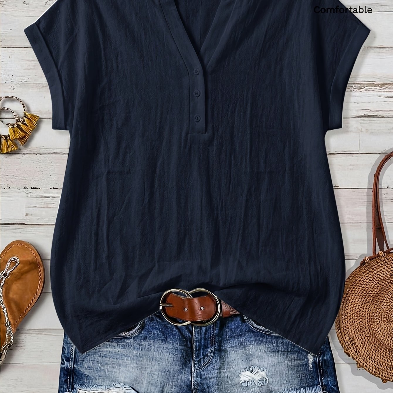 TEMU 100% Short Sleeve Shirt, Casual Vacation Wear For Summer, V-neck Design, Country Style Clothing For Women, Suitable For , For Holidays