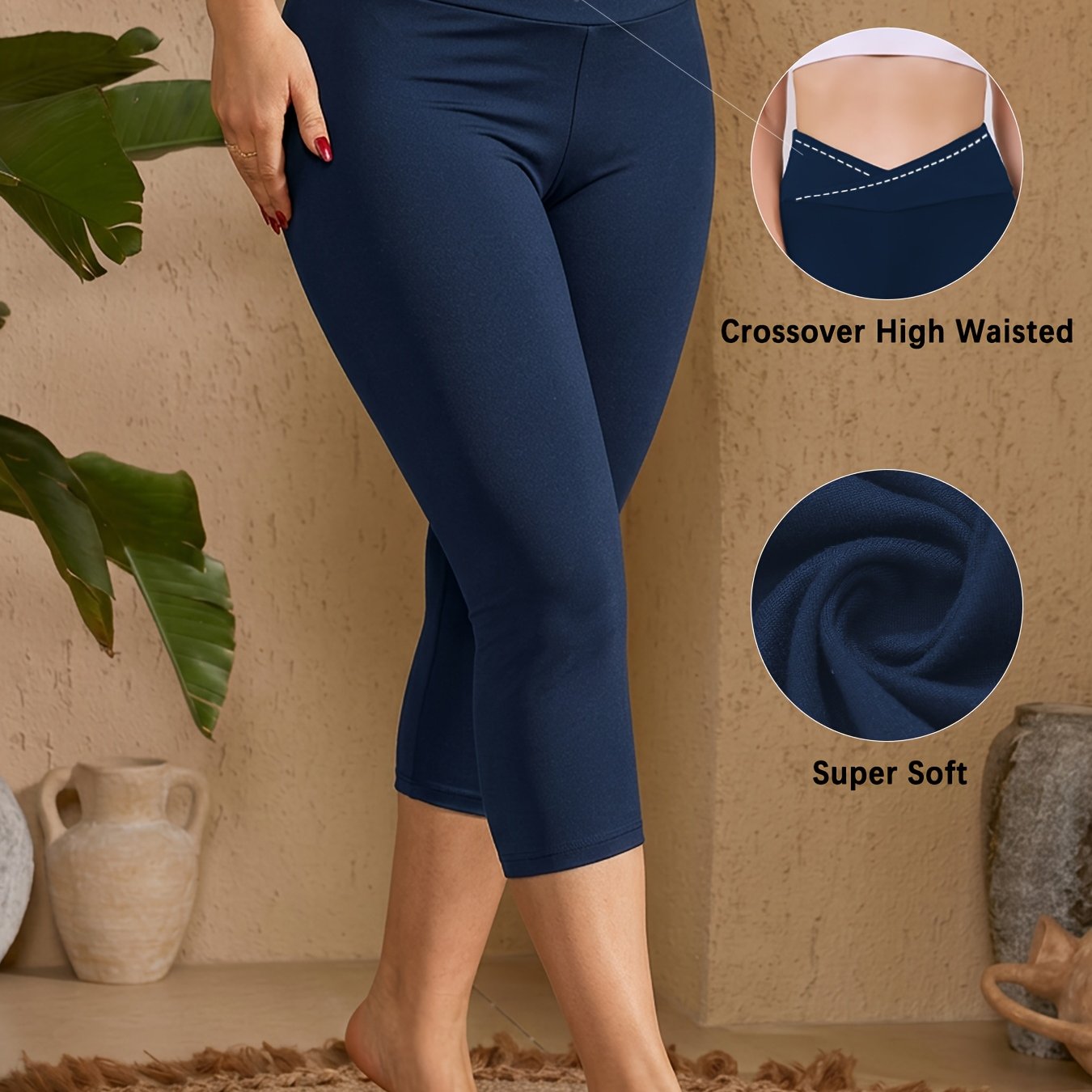 TEMU Women's High Waisted Tummy Control Capri Leggings - Super Soft No Workout Pants With Crossover, Full-length Stretch Suitable For Yoga, Running,