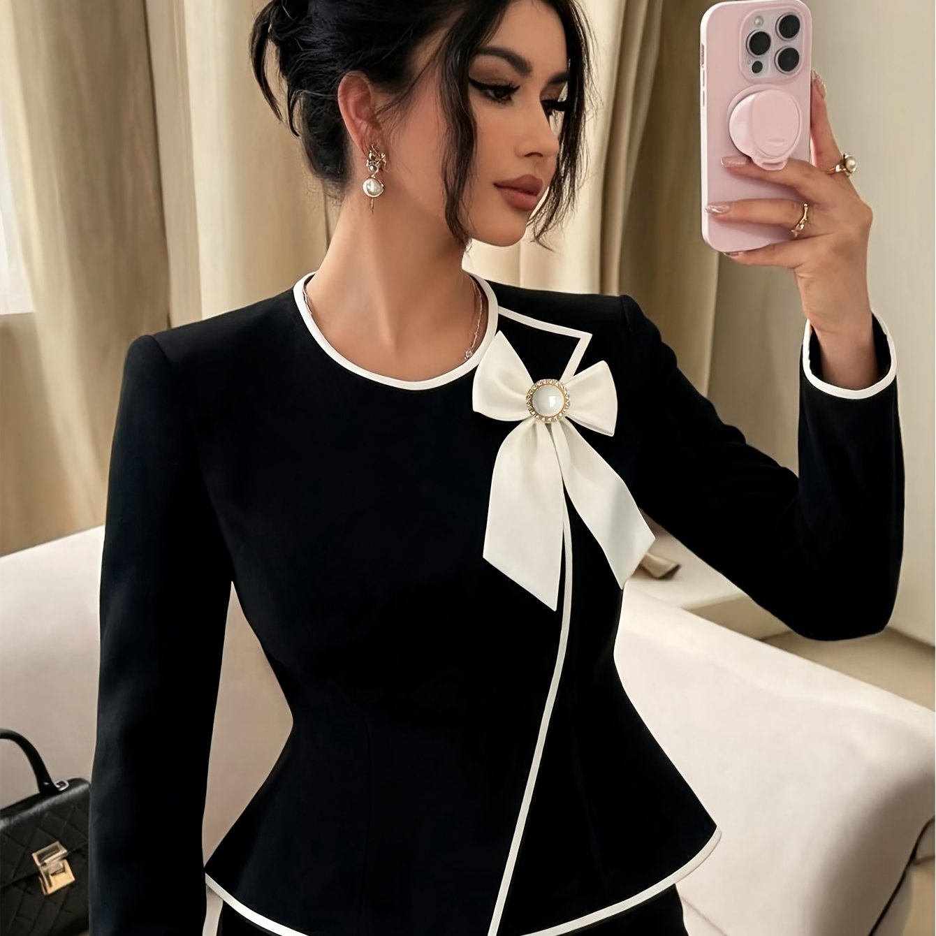 TEMU Women's Fashion Commuter Autumn New Style Front Bow Decor Round Neck Slim Fit Asymmetrical Hem Long Sleeve Top