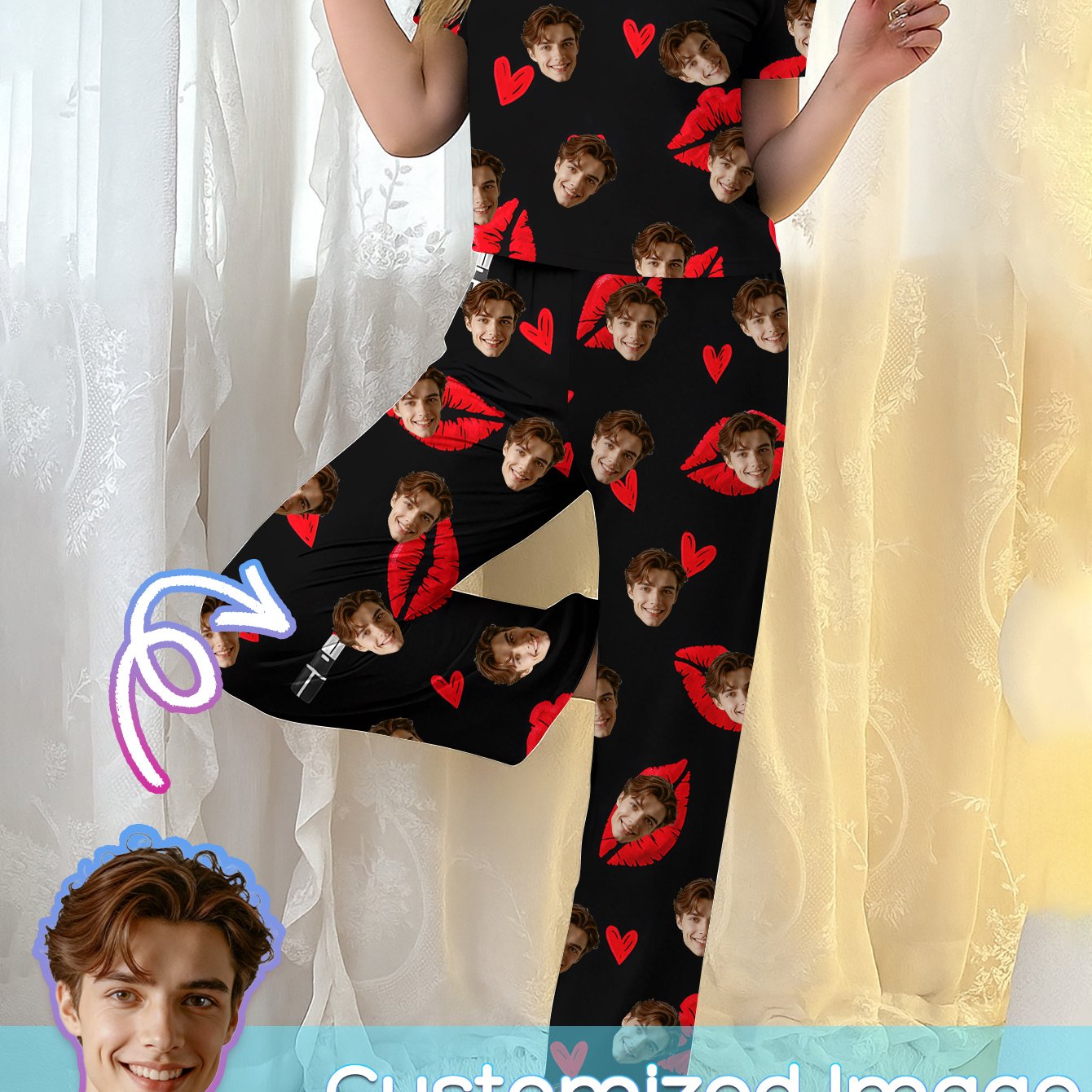 TEMU A Short-sleeve, Long-pant Pajama Set For Women Featuring A With Red Lips, Perfect For . It Has A Diy Print Of Red Lips And Heart-shaped Lipstick