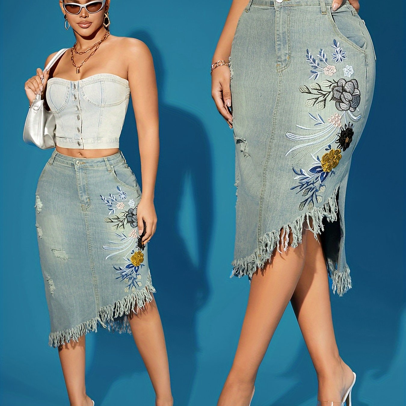 Image of Women's Straight-leg Distressed Denim Skirt With Floral Embroidery & Fringe Details - Mid--washable Casual Skirt For Spring Summer Fall, Seasonal Fashion, Unique Embroidery