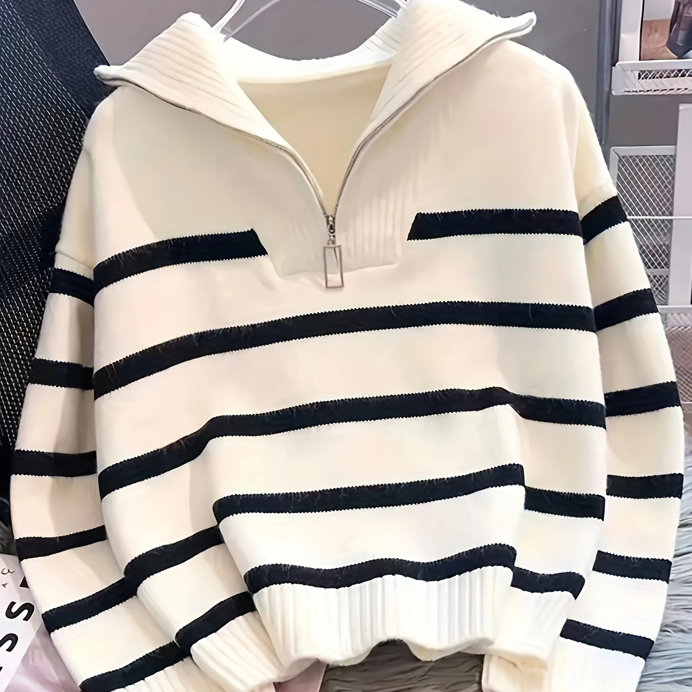 TEMU Casual-style Pullover With A Lapel And Half-zipper Design, Featuring Vertical Ribbed Front Panels, , And Ribbed Cuffs And Hem