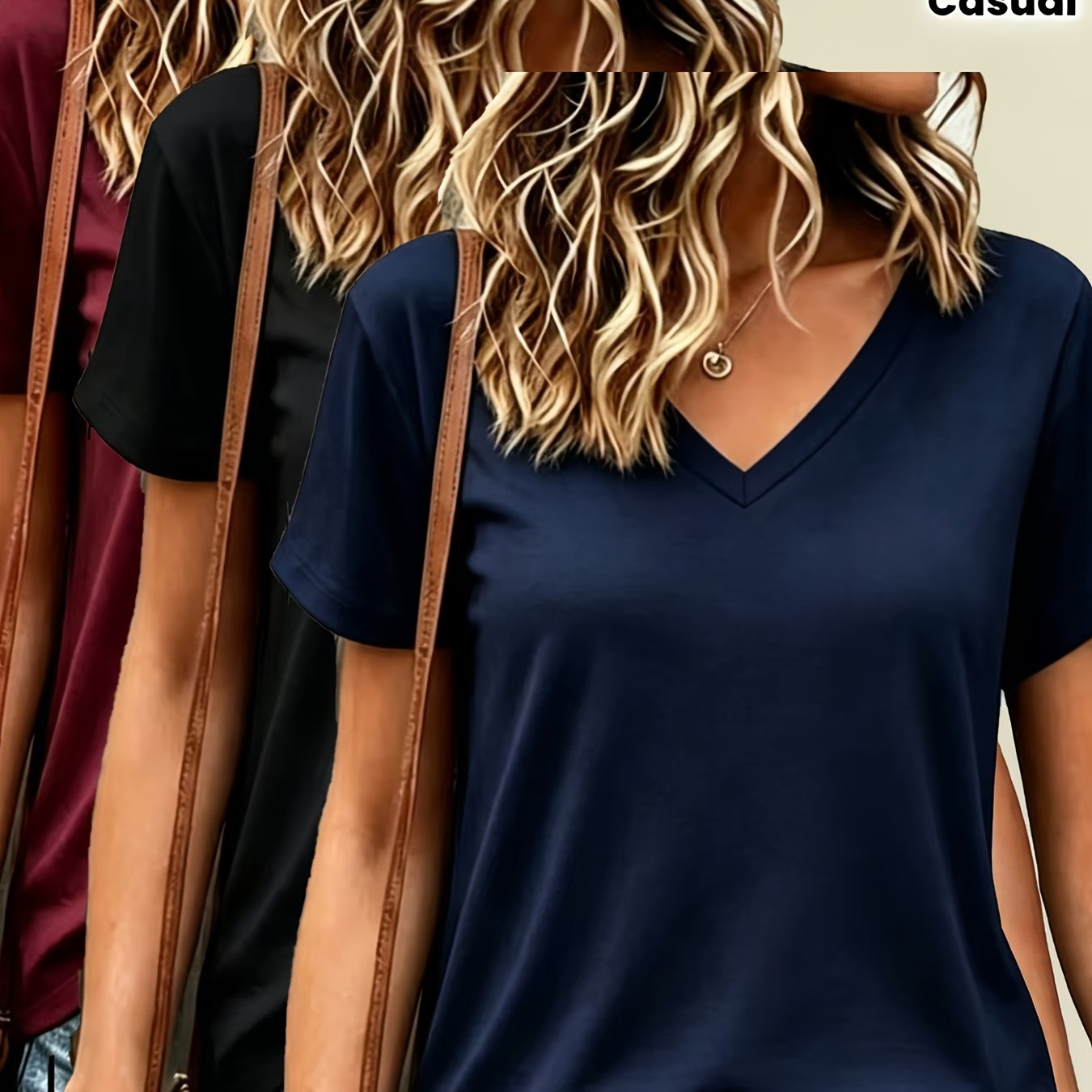 TEMU Lot de 3 T-shirts pour femme, couleur unie, col en V, manches courtes - , lavables en machine - Compatibles, adaptés à toutes , coupe régulière,