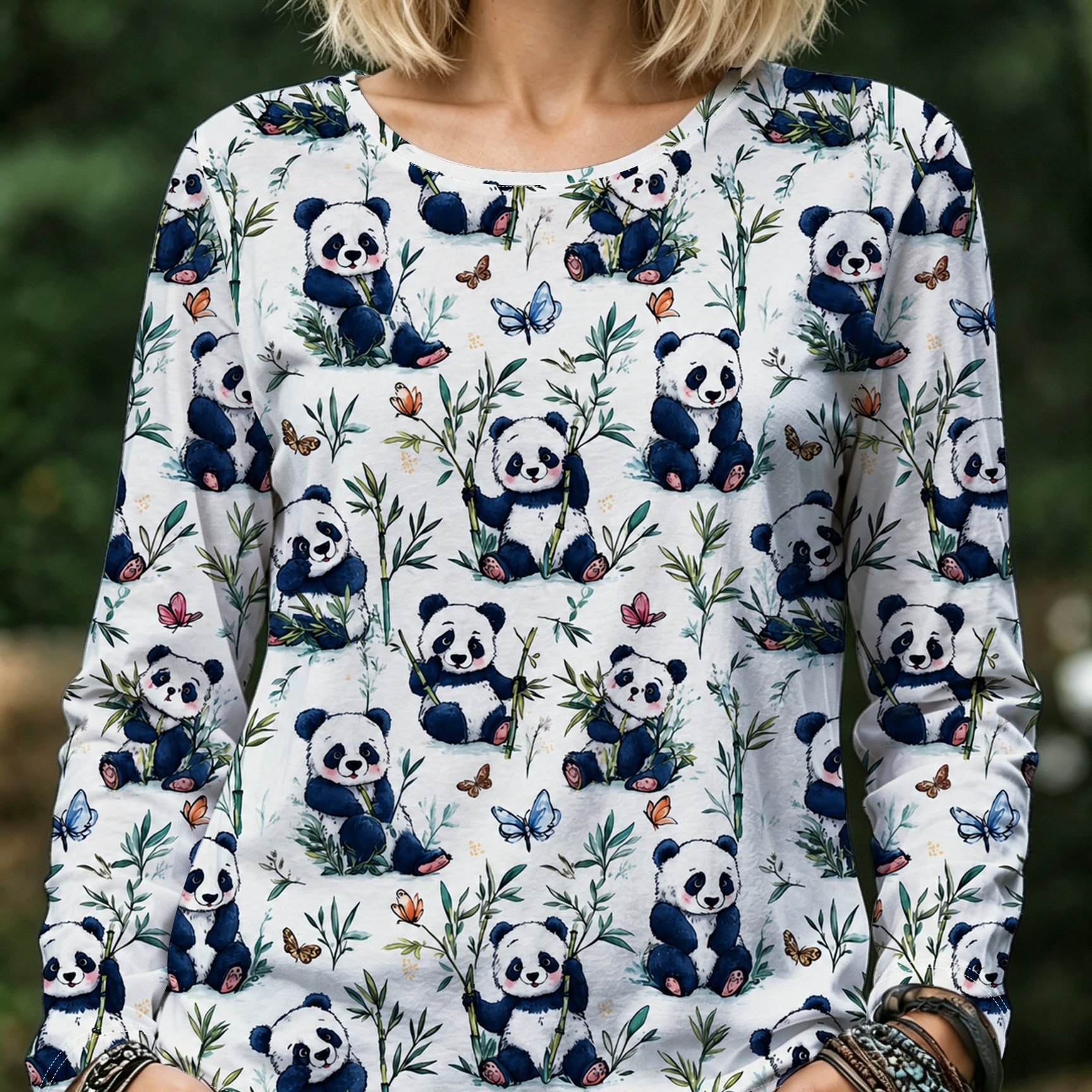 TEMU Plus Size, 2026 New Style Plus Size Loose Fit Long Sleeve Top, Print With Cartoon Panda, , Colorful Butterflies, And Greenery, Round Neck Top,