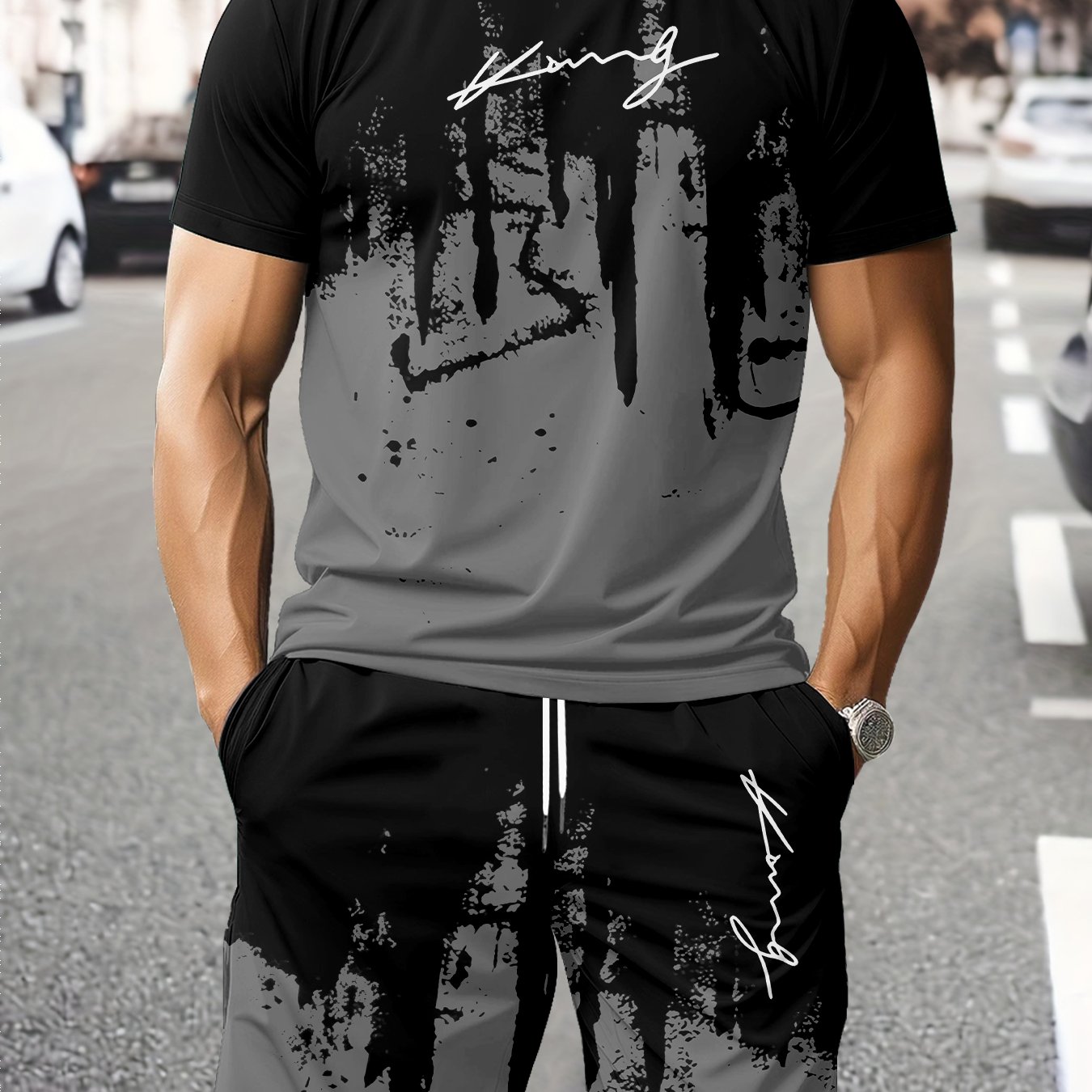 TEMU Conjunto Moderno para Hombre: Camiseta de Manga Corta + Shorts Casuales, Conjunto de Dos Piezas Ajustado para Verano, Moda Masculina