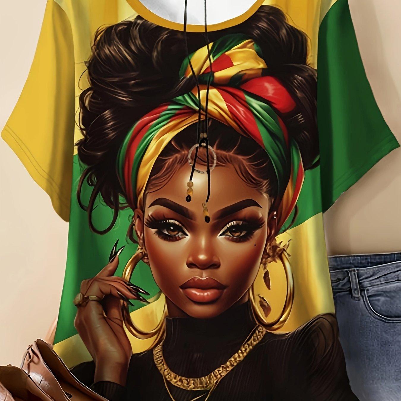 TEMU African Print Beauty Graphic T-shirt For Women, Reggae Color Block Loose Short Sleeve Top, No Necklace Included, Round Neck Standard Size