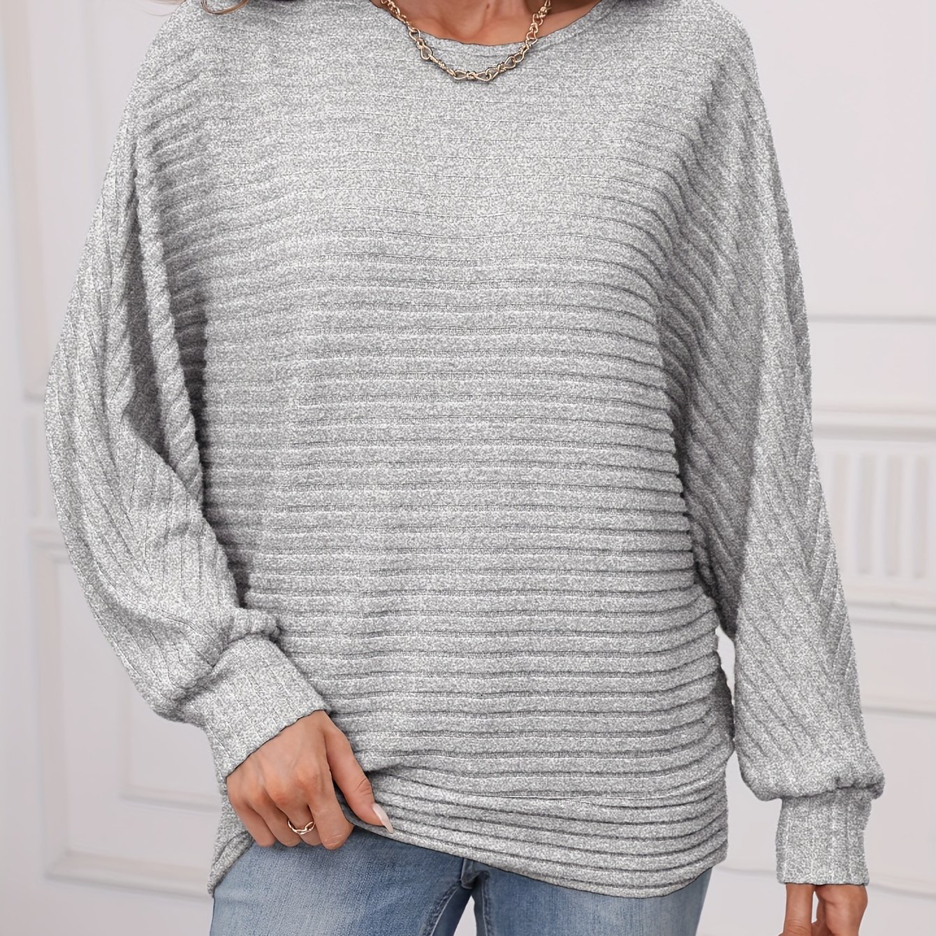 QINGKAI Jersey Mujer,Mujer Gris Color Sólido Corto Cuello Redondo