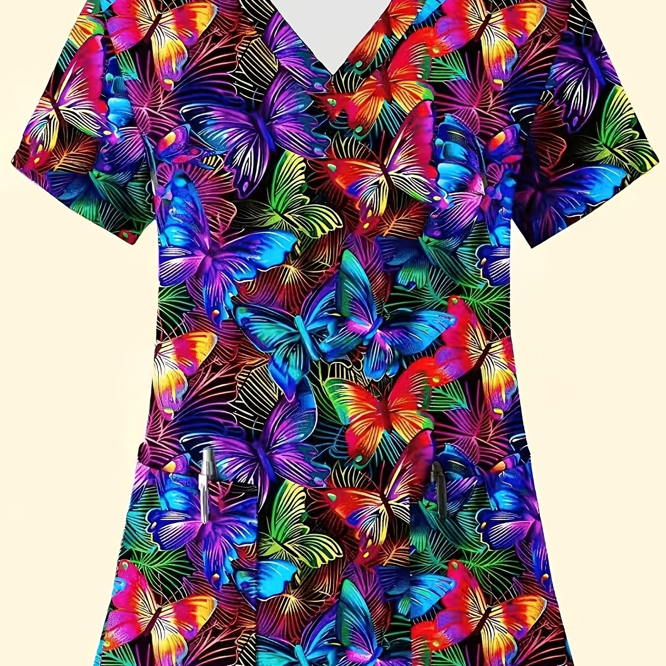 TEMU Plus Size - Plus Size - Size Multicolor Random Print Pattern Blouse, V-neck, Short Sleeve, Stretch, Top, With Functional Pockets, Suitable For