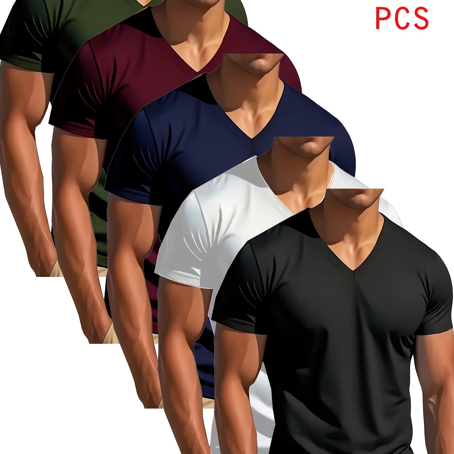 E-shop 5-teiliges Herren V-Ausschnitt T-Shirt Set – Schnelltrocknende Stretch Fitness-Shirts, Kurzarm Trainingsshirts für Workout & Freizeit –