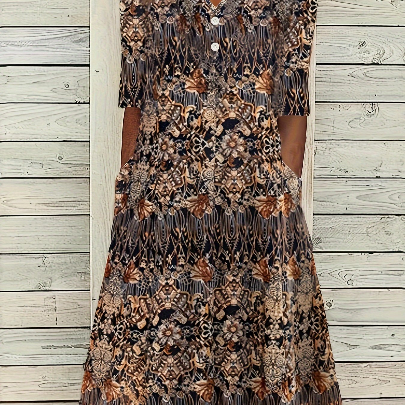 Image of Elegant V-neck A-line Skirt With Full Printed Design - Summer Clothing For Adult Women