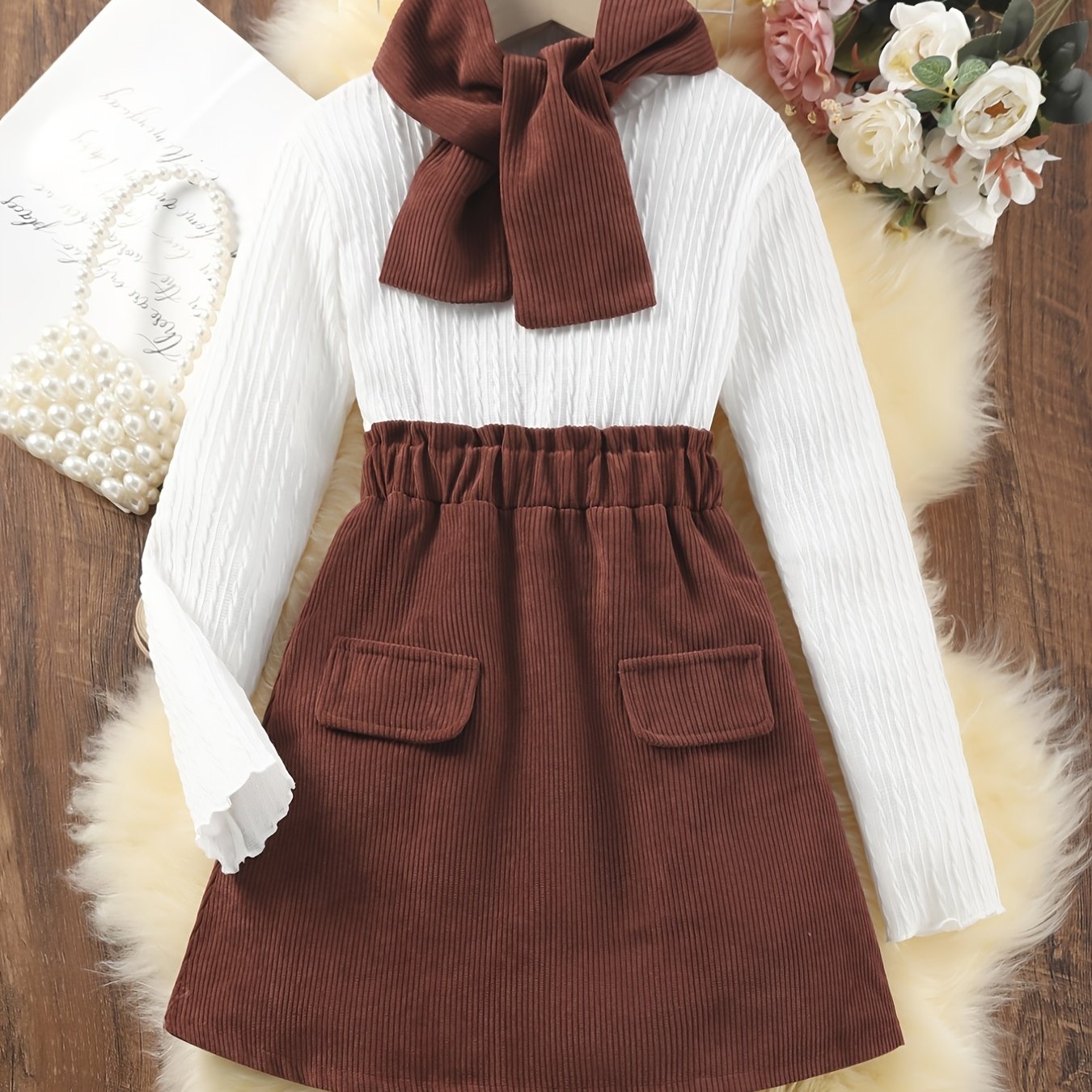 Girls Elegant Long Sleeve Pullover Top + Solid Skirt With Scarf