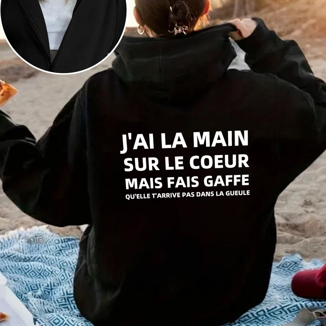 TEMU Les imprimés français transmettent des uniques, mettant en valeur . Veste à capuche décontractée et tendance pour femmes, avec un design à