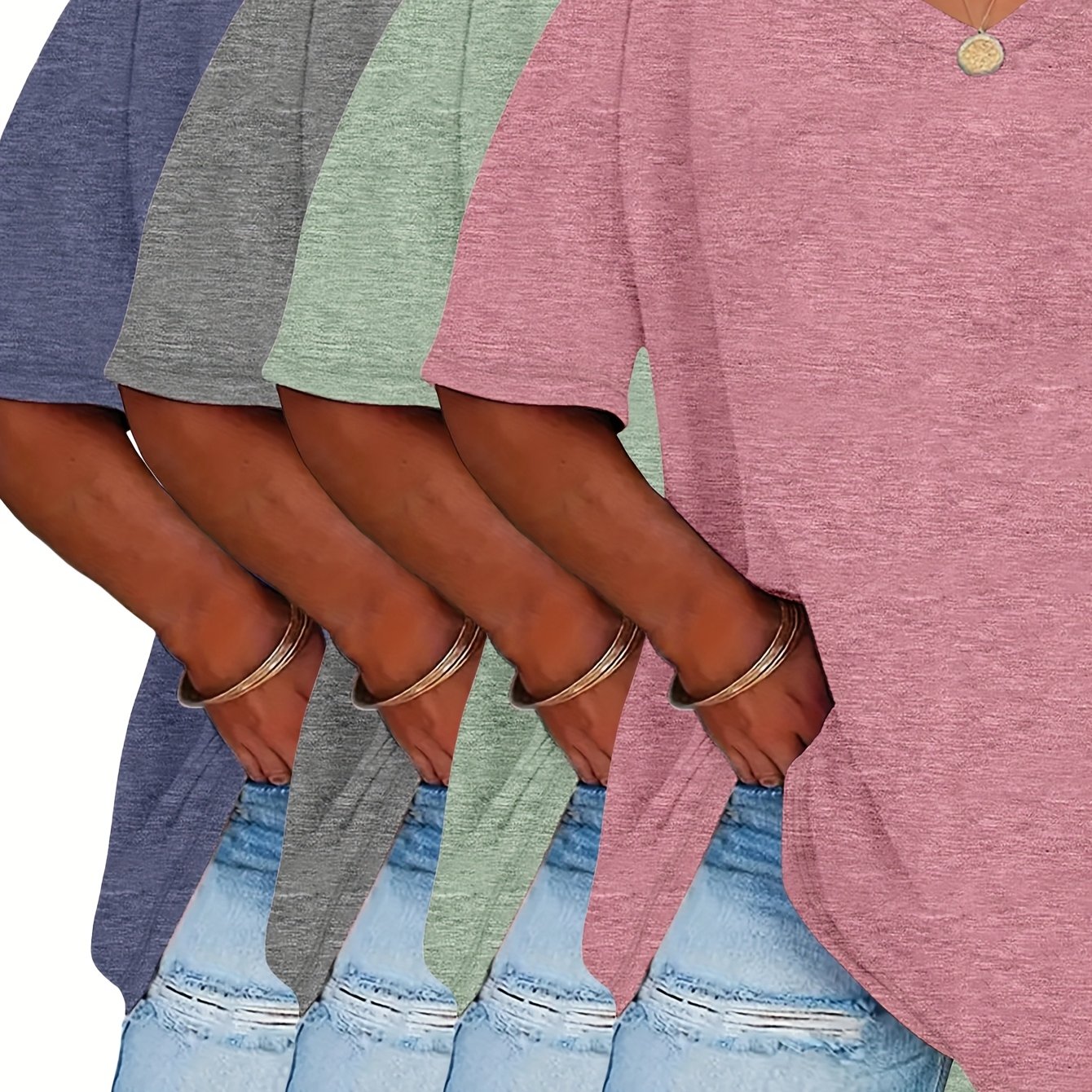 TEMU Plus Size - [4-teiliges Set] Lockerer, bequemer, neuer Plus Size Damenmode, schulterfreies Kurzarm-T-Shirt, hochwertiges Damenoberteil, lässiges