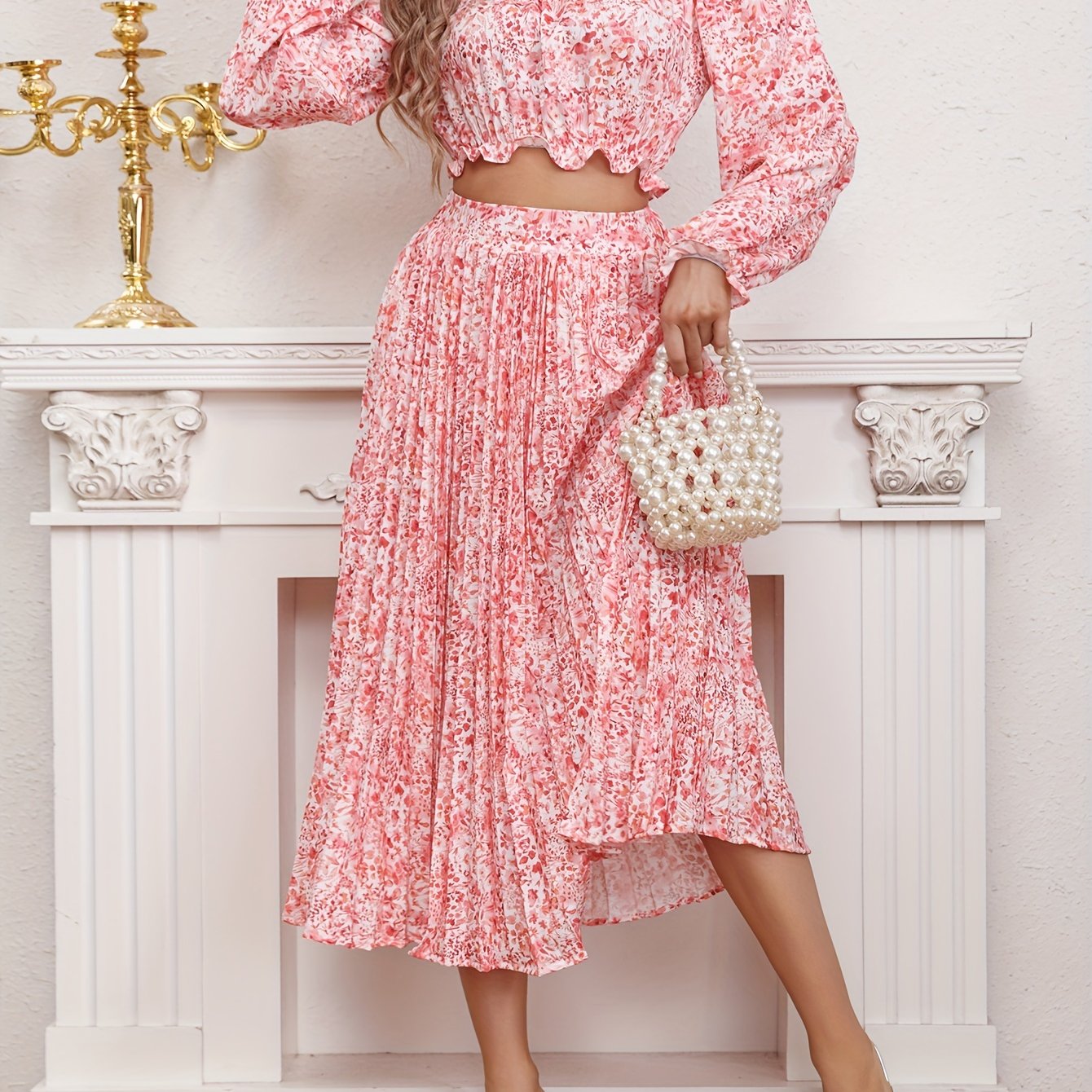 floral print two piece set elegant off shoulder long sleeve crop blouse pleated midi skirt outfits womens clothing