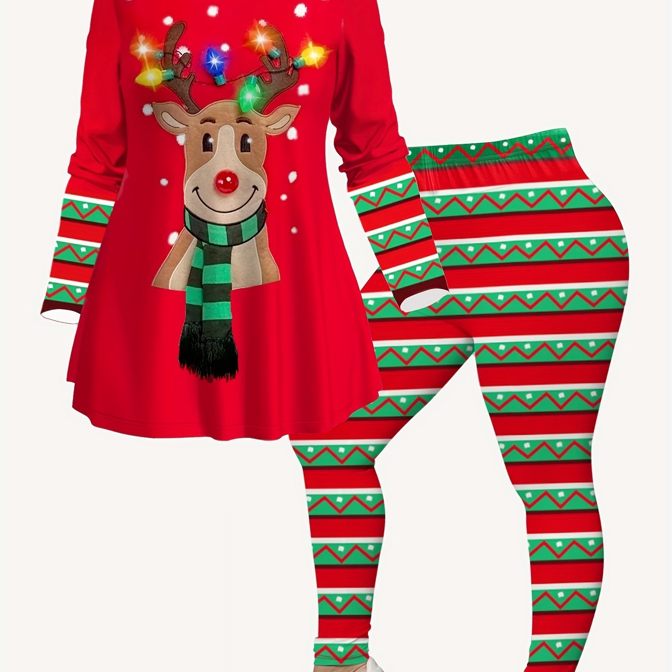 TEMU Plus Size - Plus Size Reindeer Snowflake Print Long Sleeve T-shirt And Leggings Set