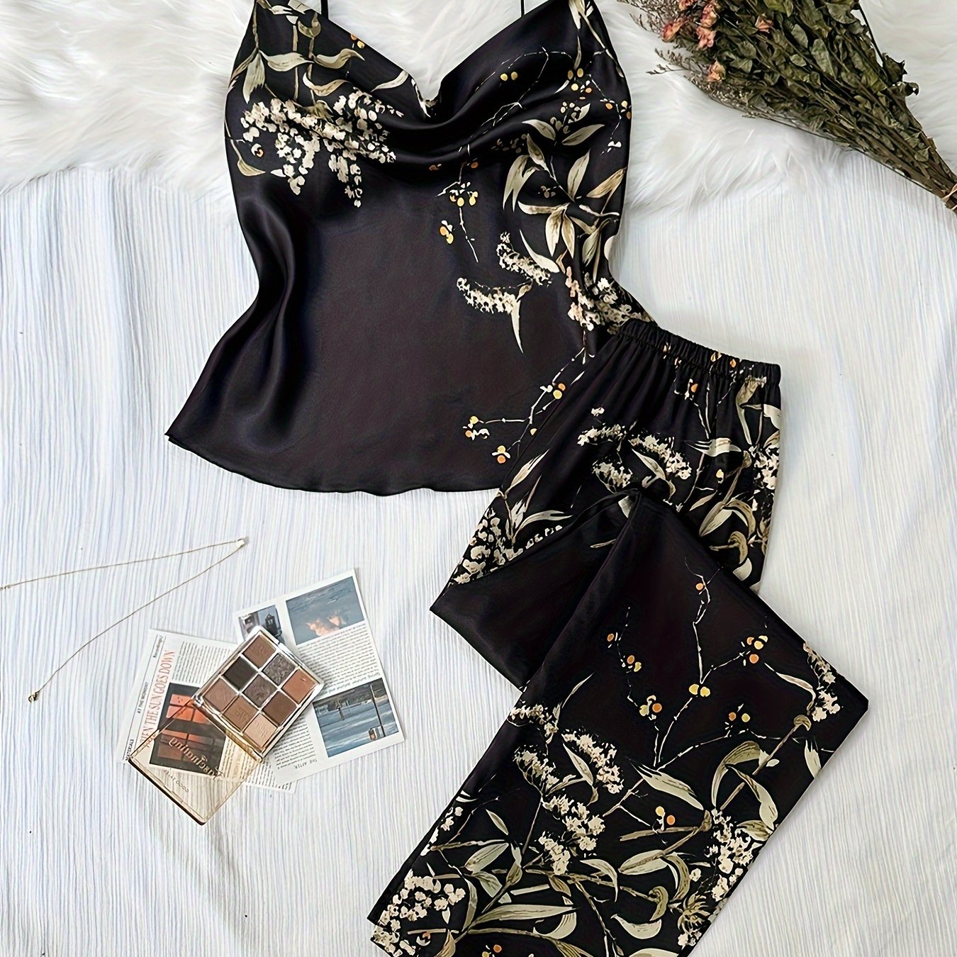 Floral Print Pajama Set Draped Collar Cami Top Elastic - Temu