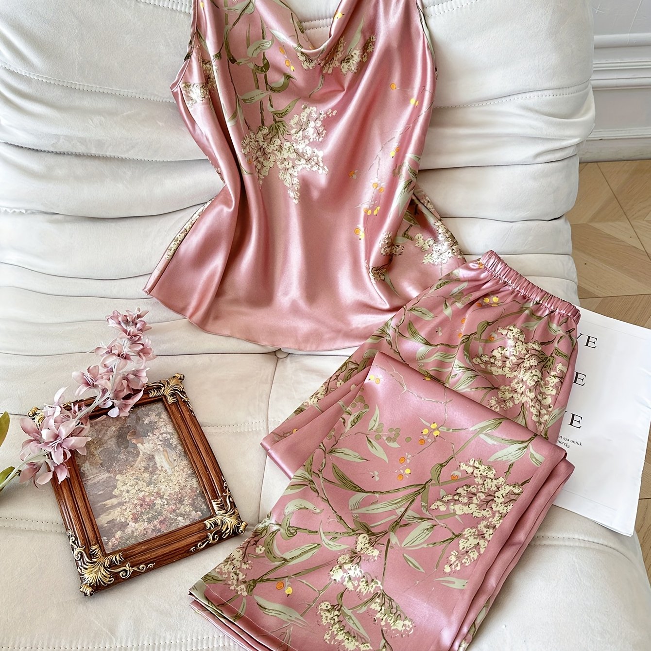 TEMU Women's 2pcs Cherry Print Pile Neck Nightgown - Elegant Sleepwear Matching Pajamas, Machine Washable Sleepwear Suit For S, 2pcs Set (non-)