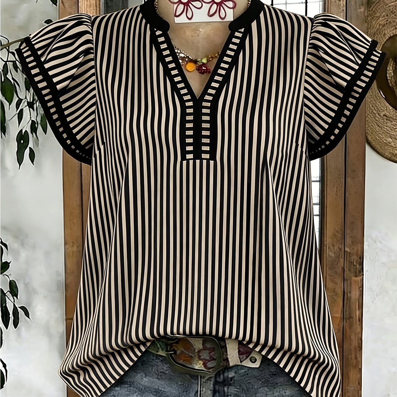 TEMU Women's V-neck Colorblock Striped Shirt With Short Puff Sleeves, Loose Fit Commuter Top, Colorblock Binding Casual Office Blouse