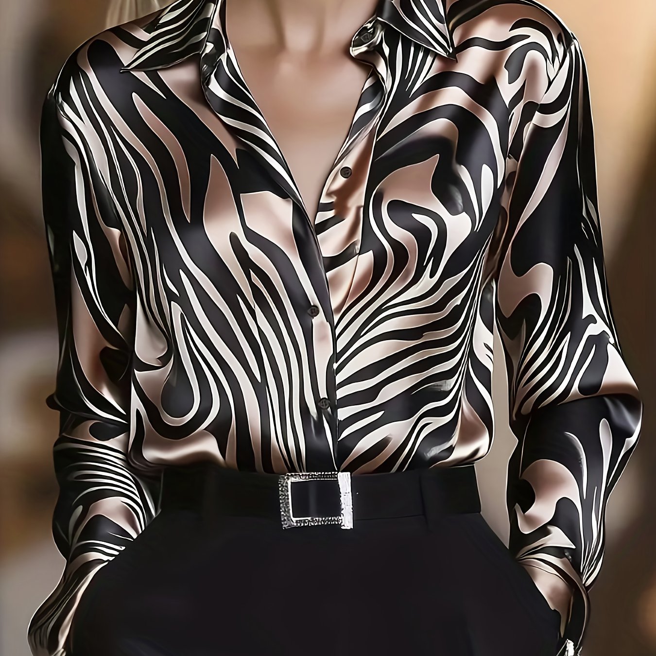 TEMU Ladies' Chic Zebra Print Satin Shirt | Collar, Button Details, Wear
