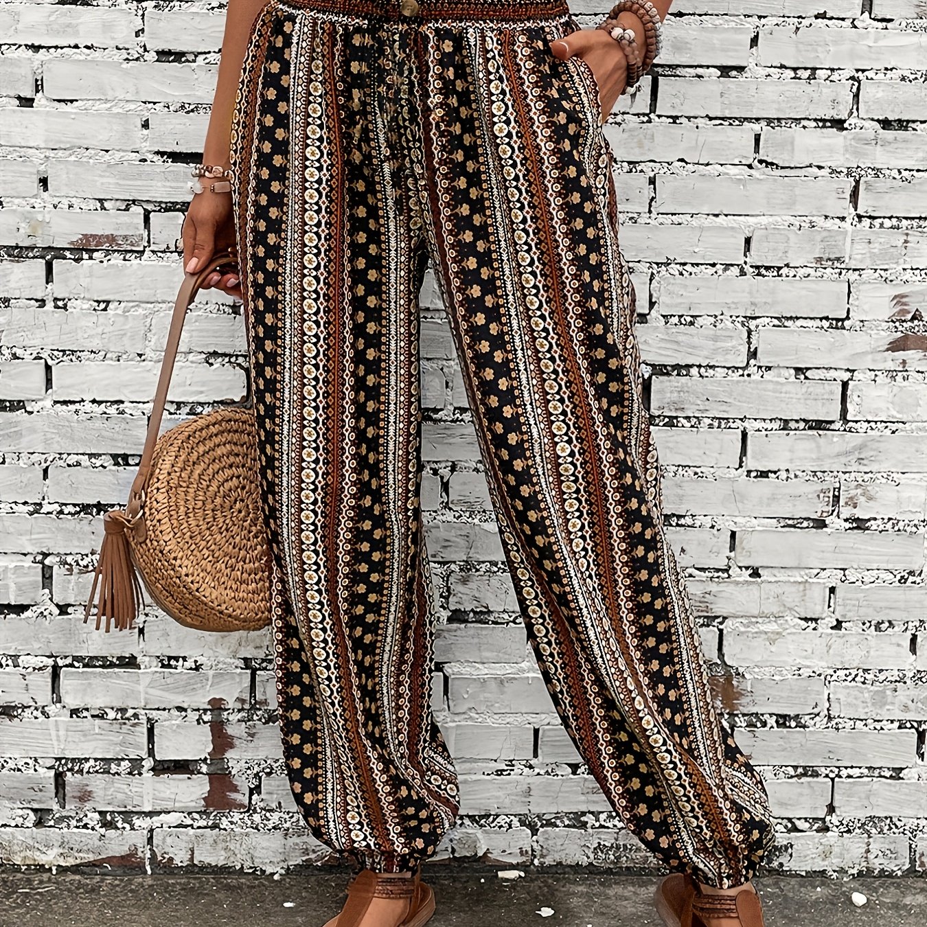 Image of Women's Hot Bohemian Ethnic Print Waist Pouch Long Pants, Fashion Vacation Casual Printed Women's Trousers, Elegant