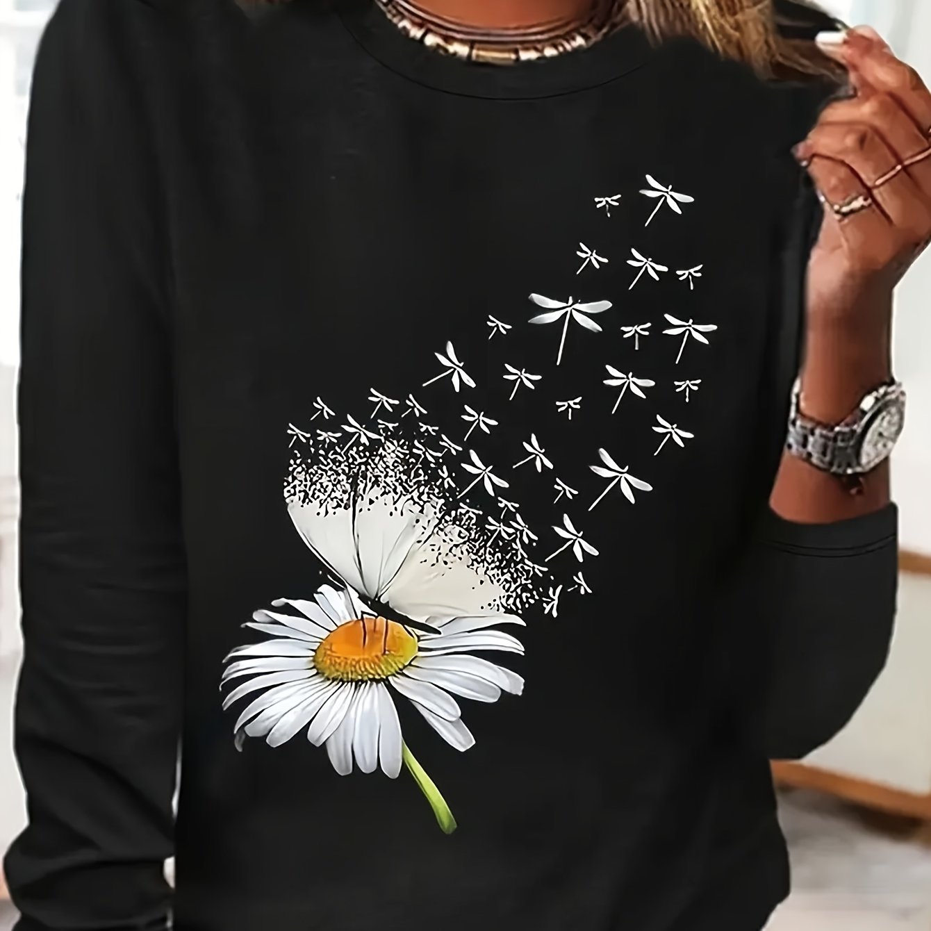 TEMU T-Shirt Décontracté pour Femme à Col Rond et Manches Longues avec Imprimé Géométrique de Marguerite et , Tissu en , Haut pour /Automne