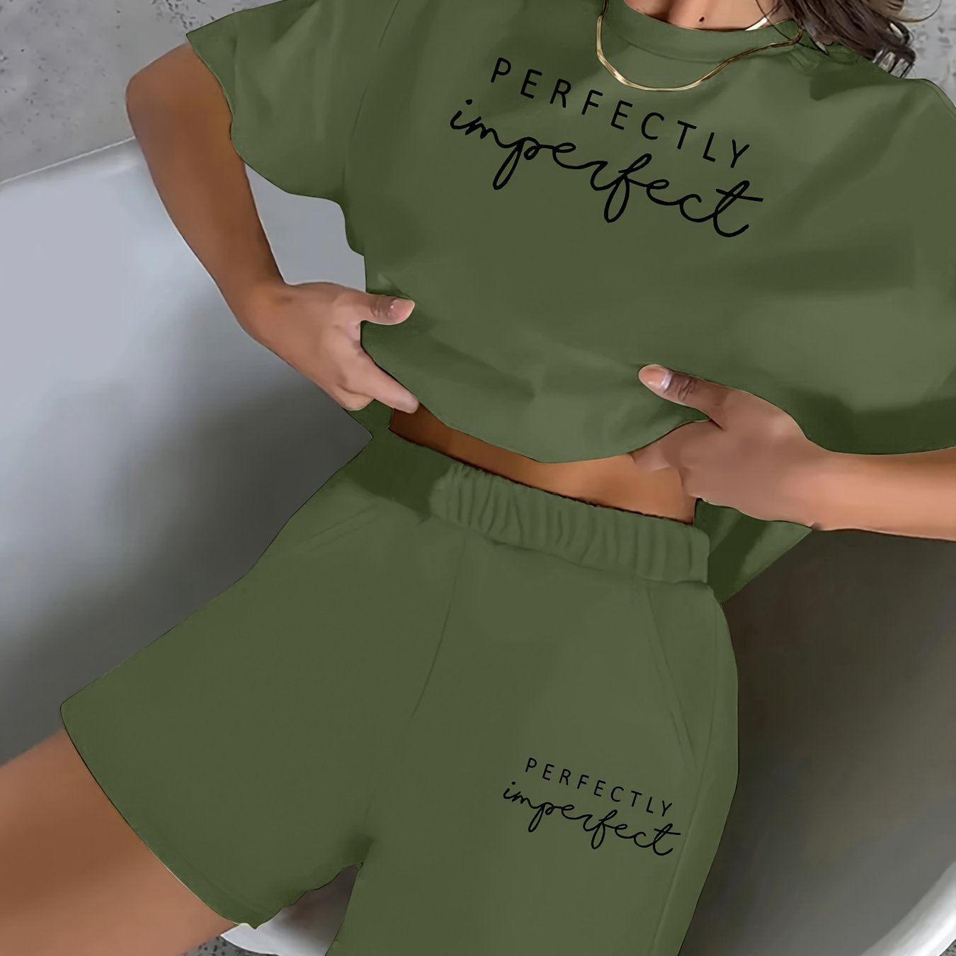 TEMU 2pcss Summer New Women's Set, "" Text Pattern, Casual Printed Round Neck Short Sleeve Top And T-shirt, Elastic Waist Pocket Shorts Women's 2pcs