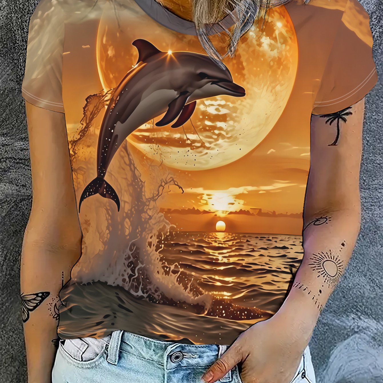 TEMU Printed Dolphin Leaping The Sea, Sunset And Full, Warm Orange Colors, Women's Round Neck Short Sleeve Fashion T-shirt [printed Design â Not