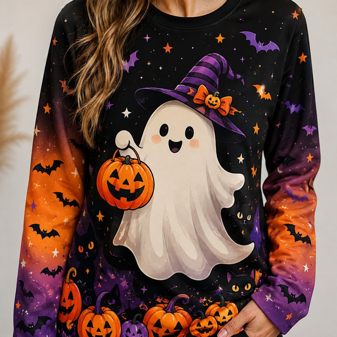 TEMU [printed Design - Not Textured]women's Cute Halloween Long Sleeve Tee Casual Pumpkin Graphic Fall Top