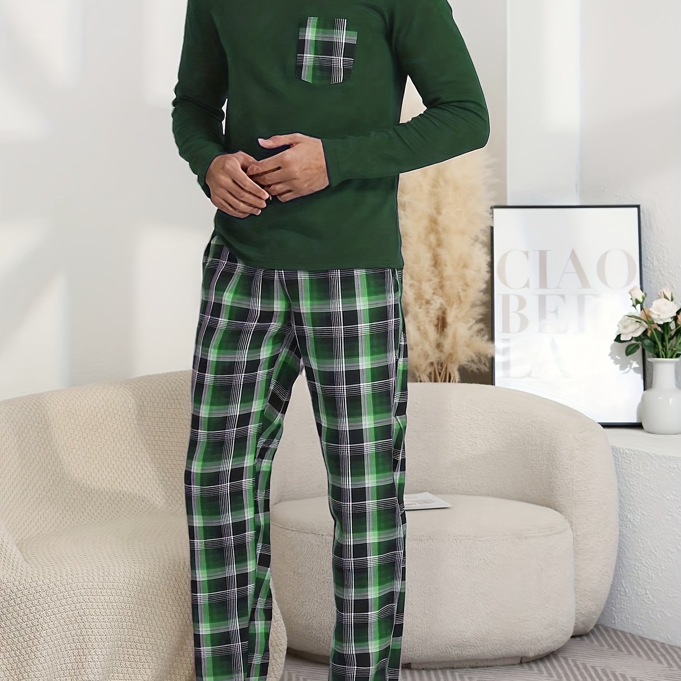 TEMU Autumn- Casual Men's Pajama Set, Polyester Blend With Striped Printed Trousers And Checkered Pocket Designs, Comfortable Long Sleeve & Full