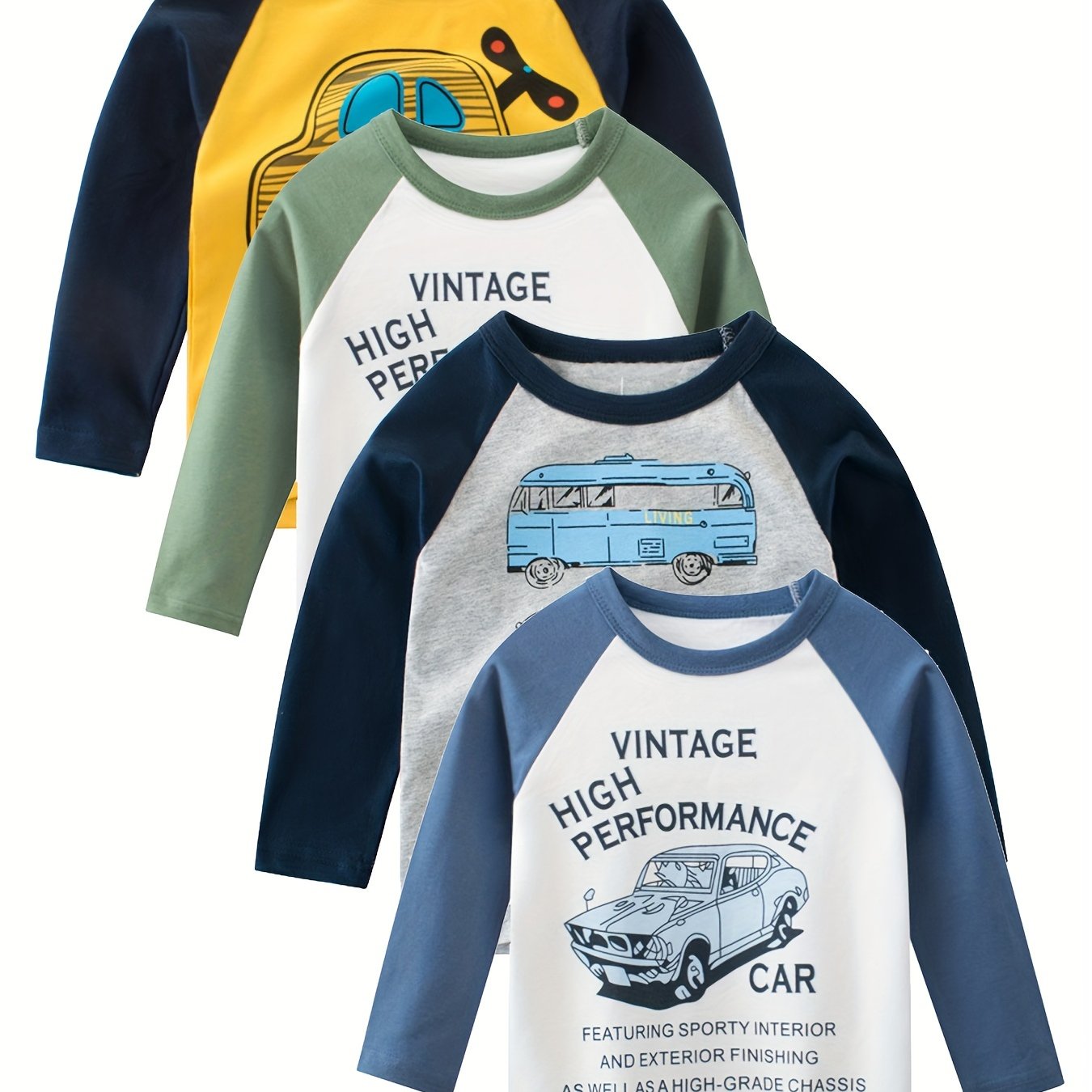 4-pack Boys' Cartoon Car T-shirts, Spring/autumn Fashion Base Layers
