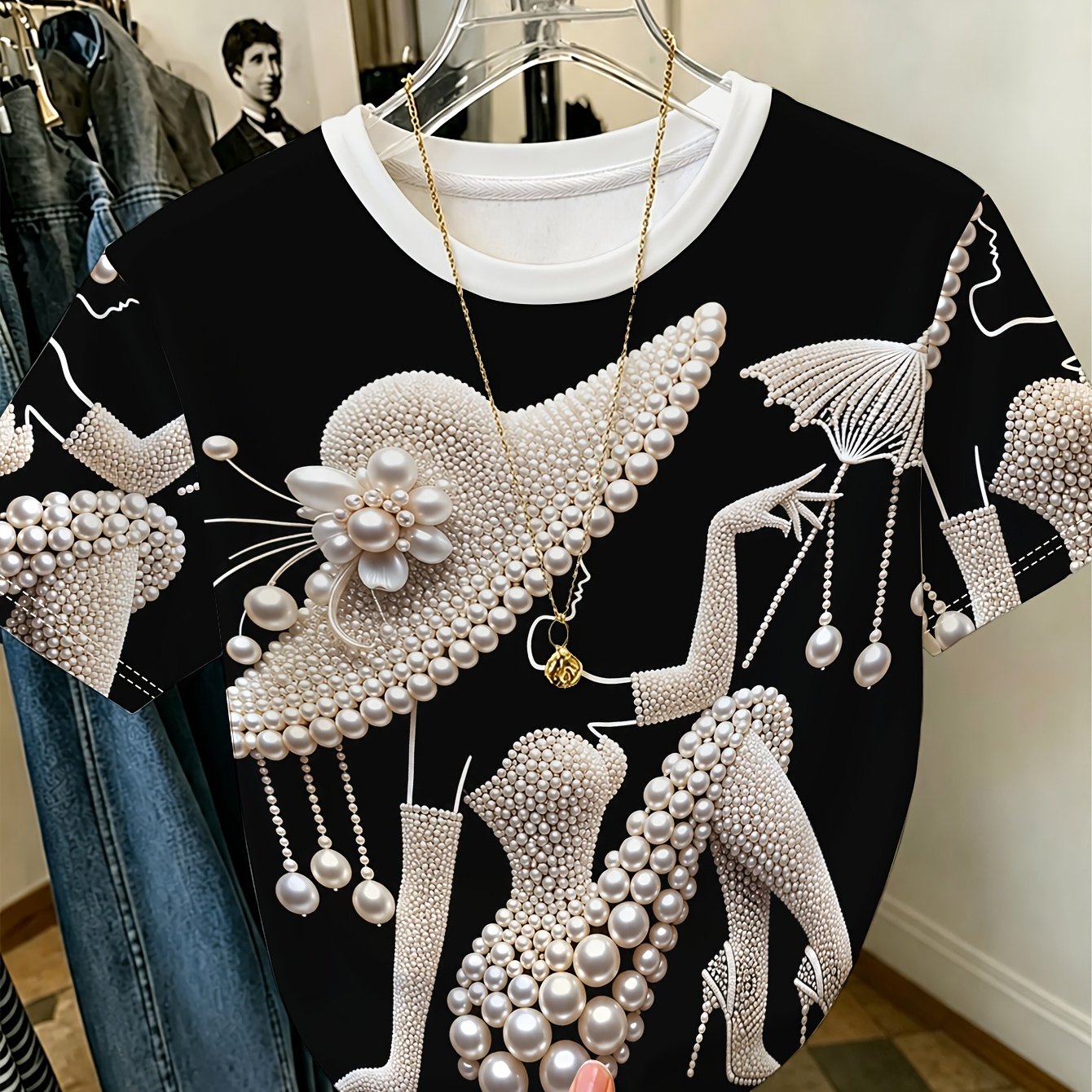 TEMU Embellishment Pattern Short Sleeve Top, Women's Round Neck Blouse, Spring Summer Printed Exquisite Details Classic Look