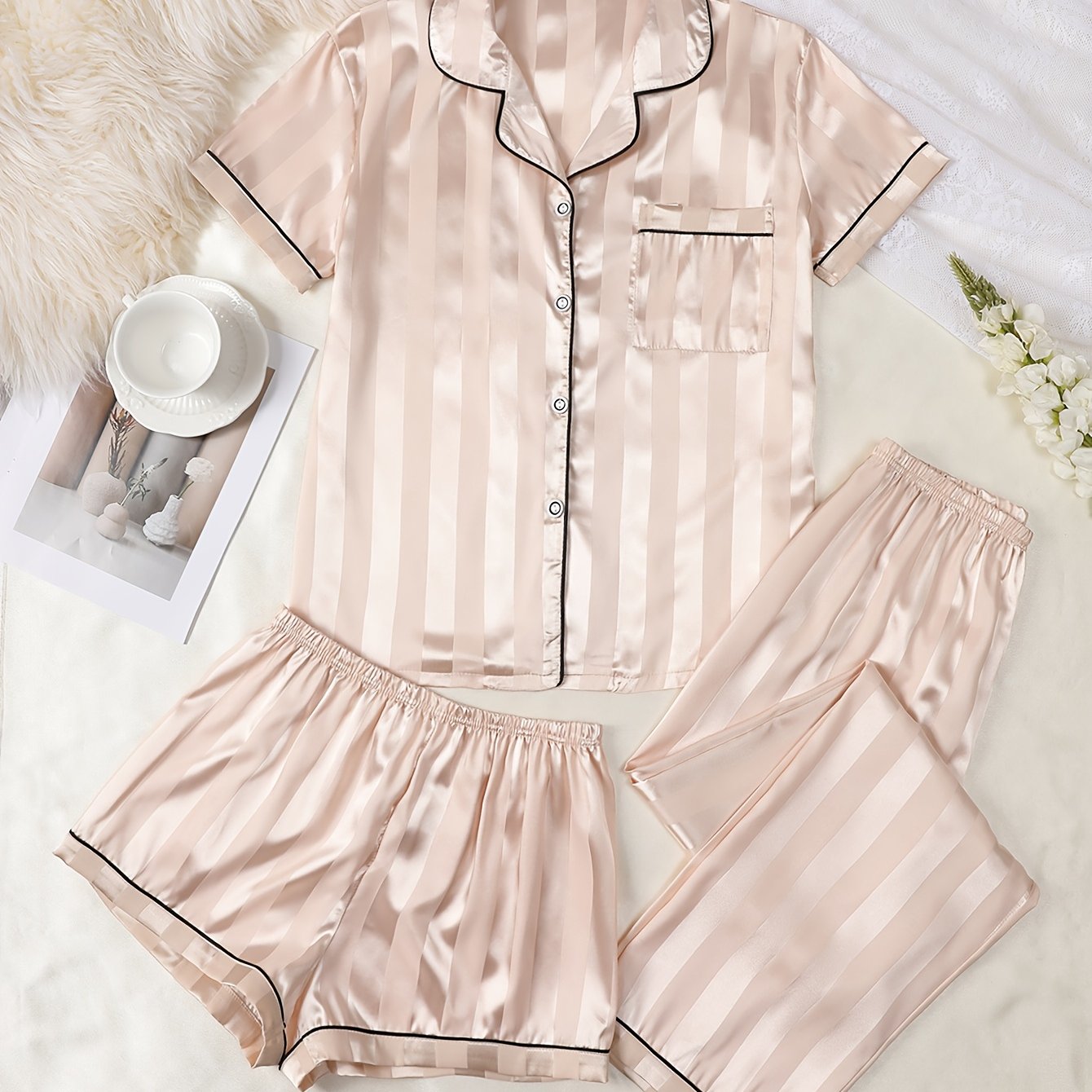TEMU Champagne Striped Three-piece Set