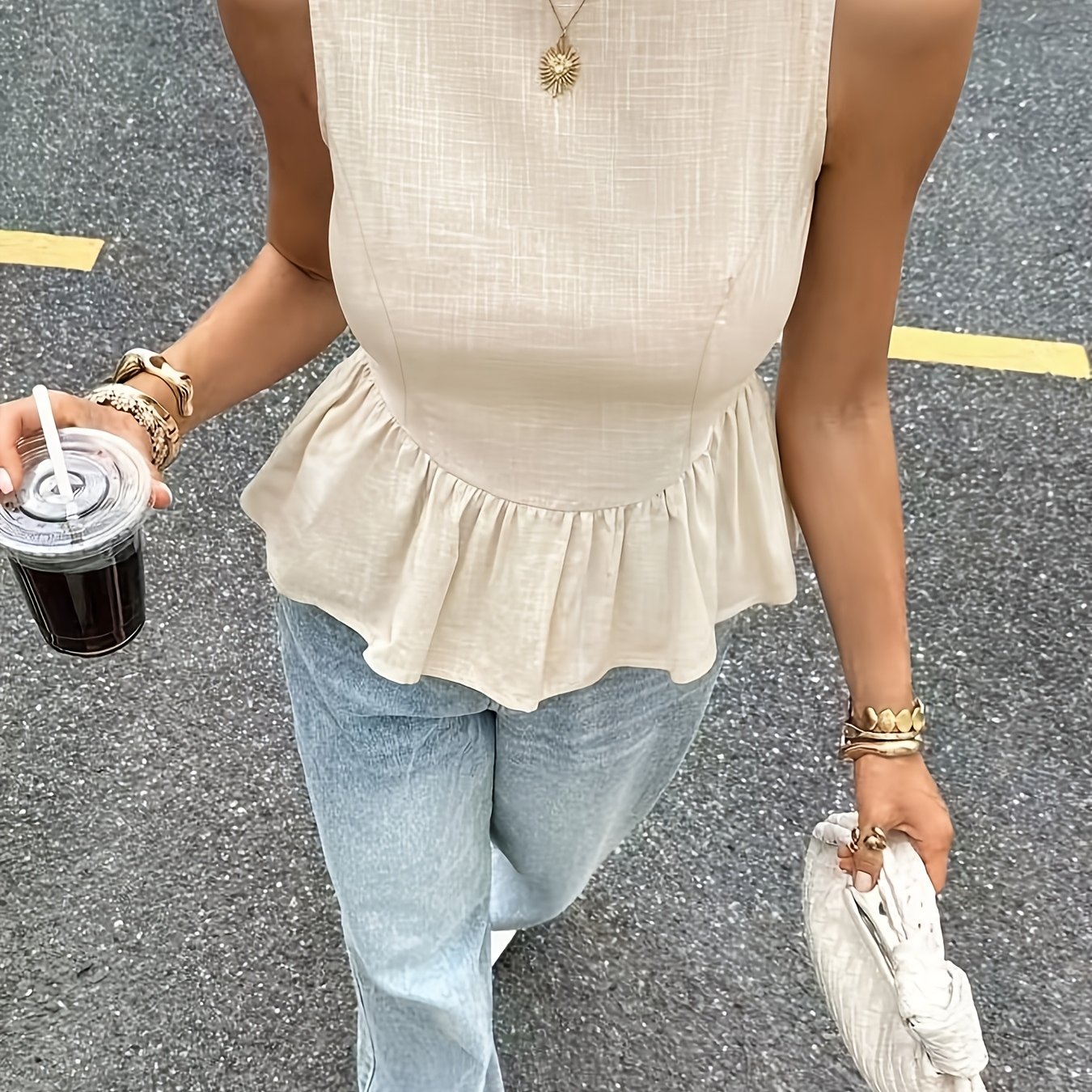 TEMU Women's Spring/summer Elegant Waist A-line Sleeveless Blouse