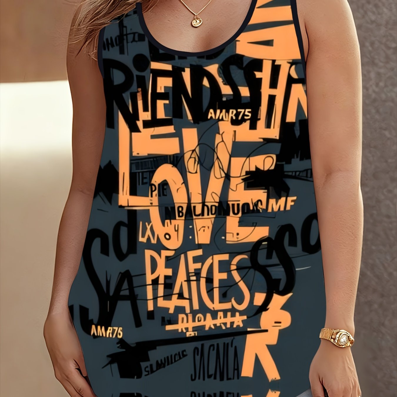 TEMU Women's Plus Size Oversized Vintage Streetwear Tank Top - Dark Charcoal Gray With Graffiti Slogan Print, Loose Fit Sleeveless Shirt Suitable For