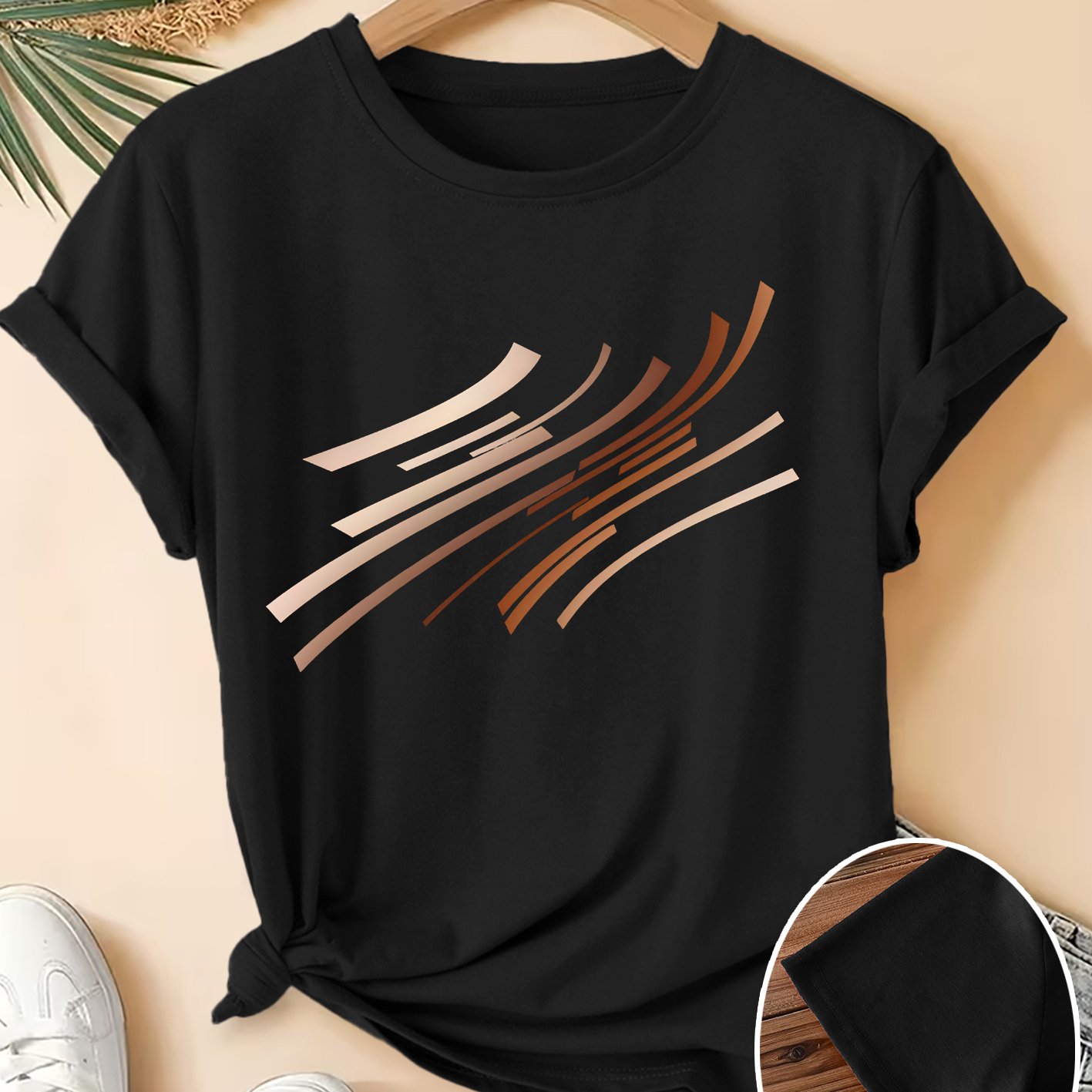 TEMU Women's Summer Clothing, Brown Tone Diagonal Stripe Print Round Neck Short Sleeve T-shirt, , Fashionable Vacation Daily Versatile Plus Size