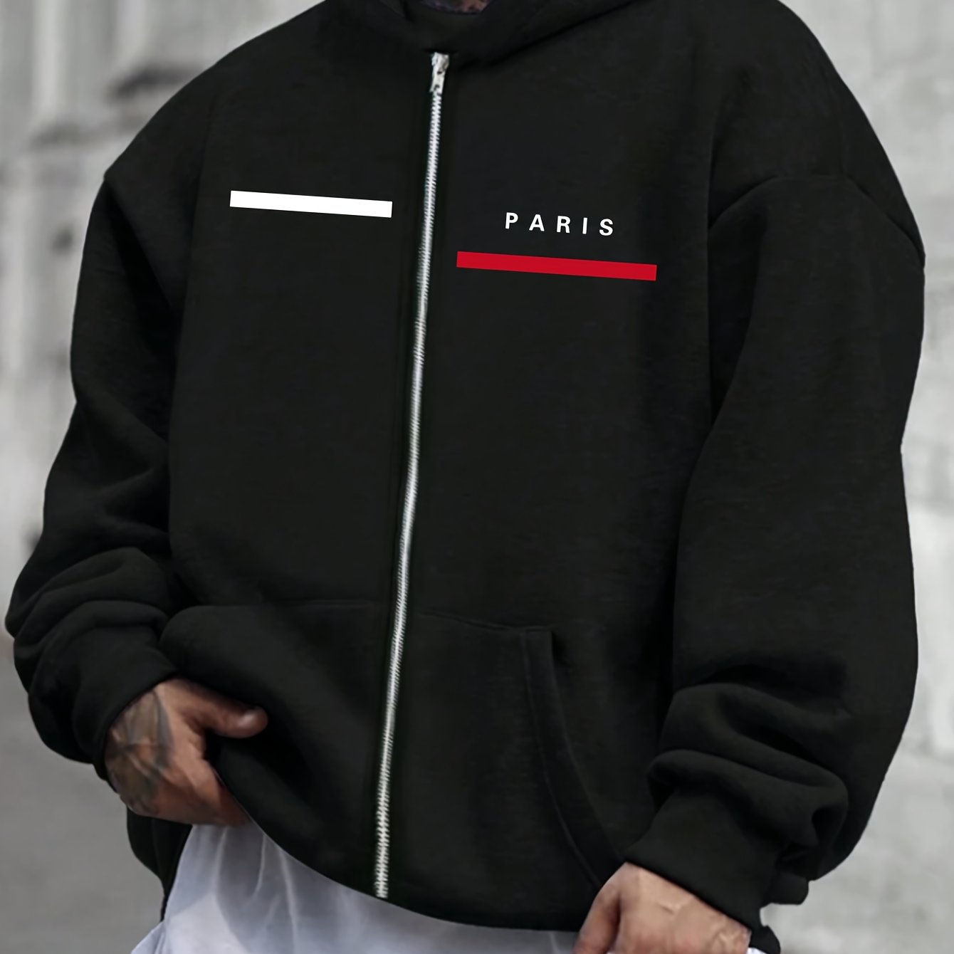 Image of Men's Comfortable Multi-functional Hooded Metallic Zipper Sweatshirt Paris Letter Print, Fashion Regular Fit Apparel Suitable For Men's Fall Winter Outdoor Wear, Plus Size