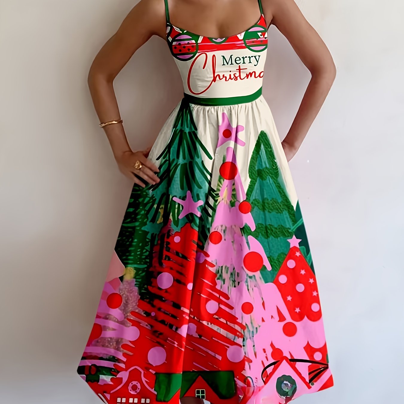 TEMU Autumn/winter New Dress Christmas Holiday Atmosphere Fashionable And Stylish Valentine's Day Long Waist- Suspender Dress