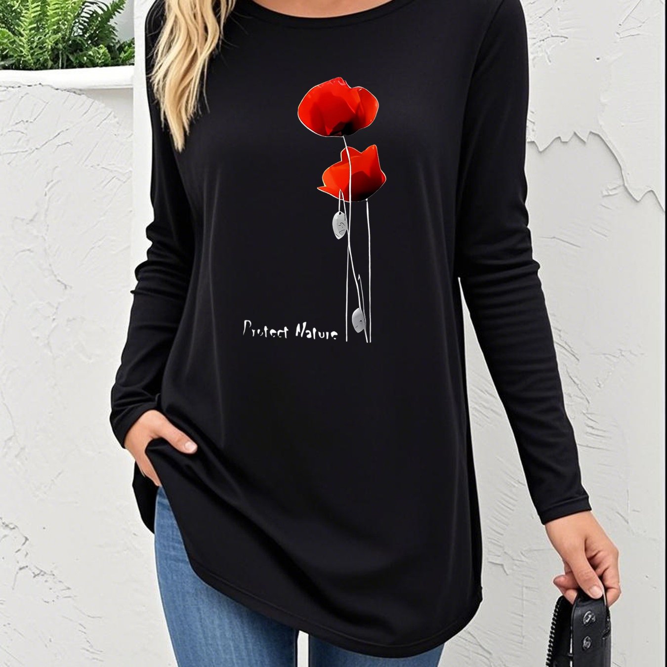 TEMU Red Vintage Style Floral Print Spring/summer New Women's Soft Round Neck Long Sleeve Longline Top Dress T-shirt, Fashionable And Versatile | |