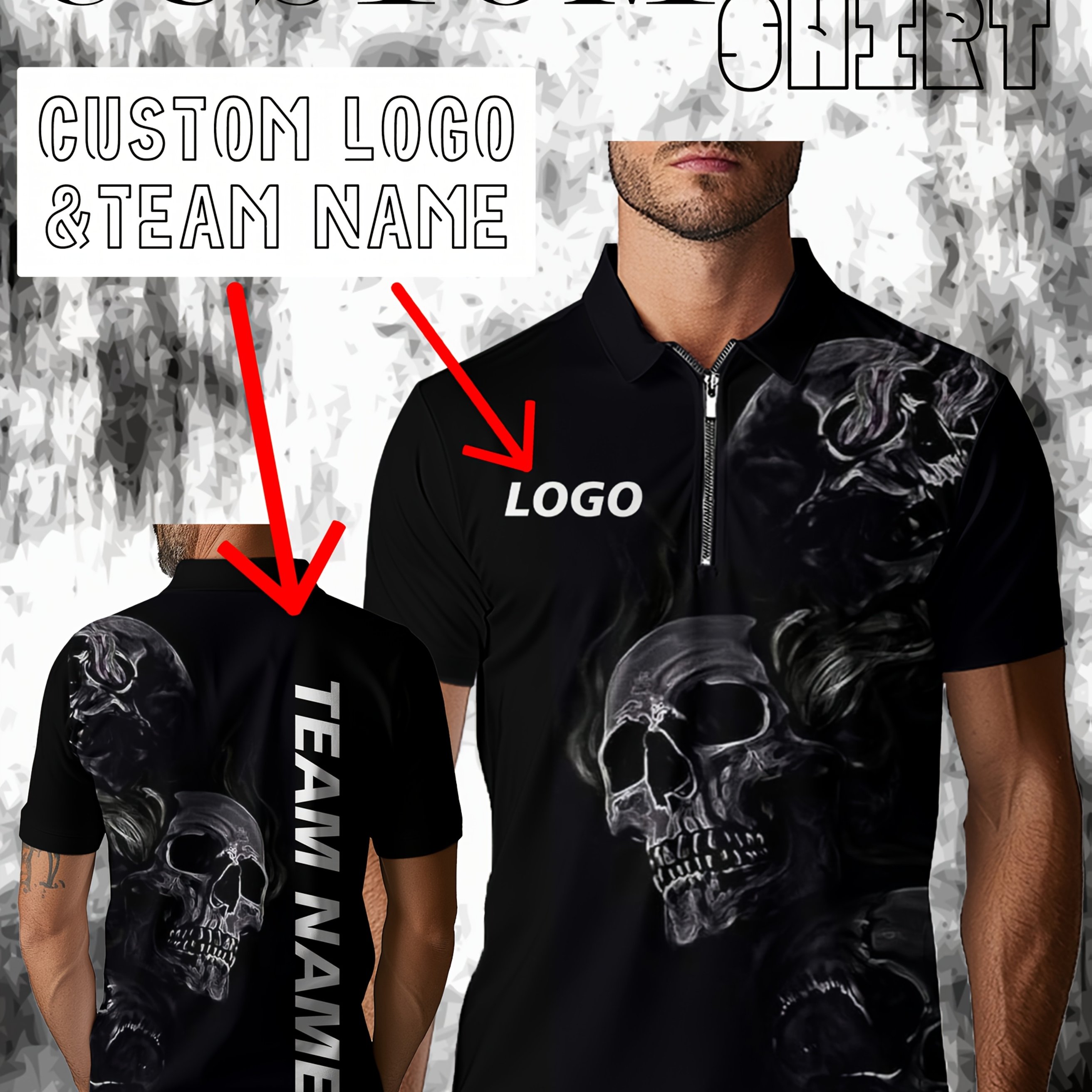 TEMU Custom Men's Plus-size Shirt - Personalized Logo And Team Name, Featuring A Skull Graphic Design, Zip Front, Casual-sport Shirt, Customizable