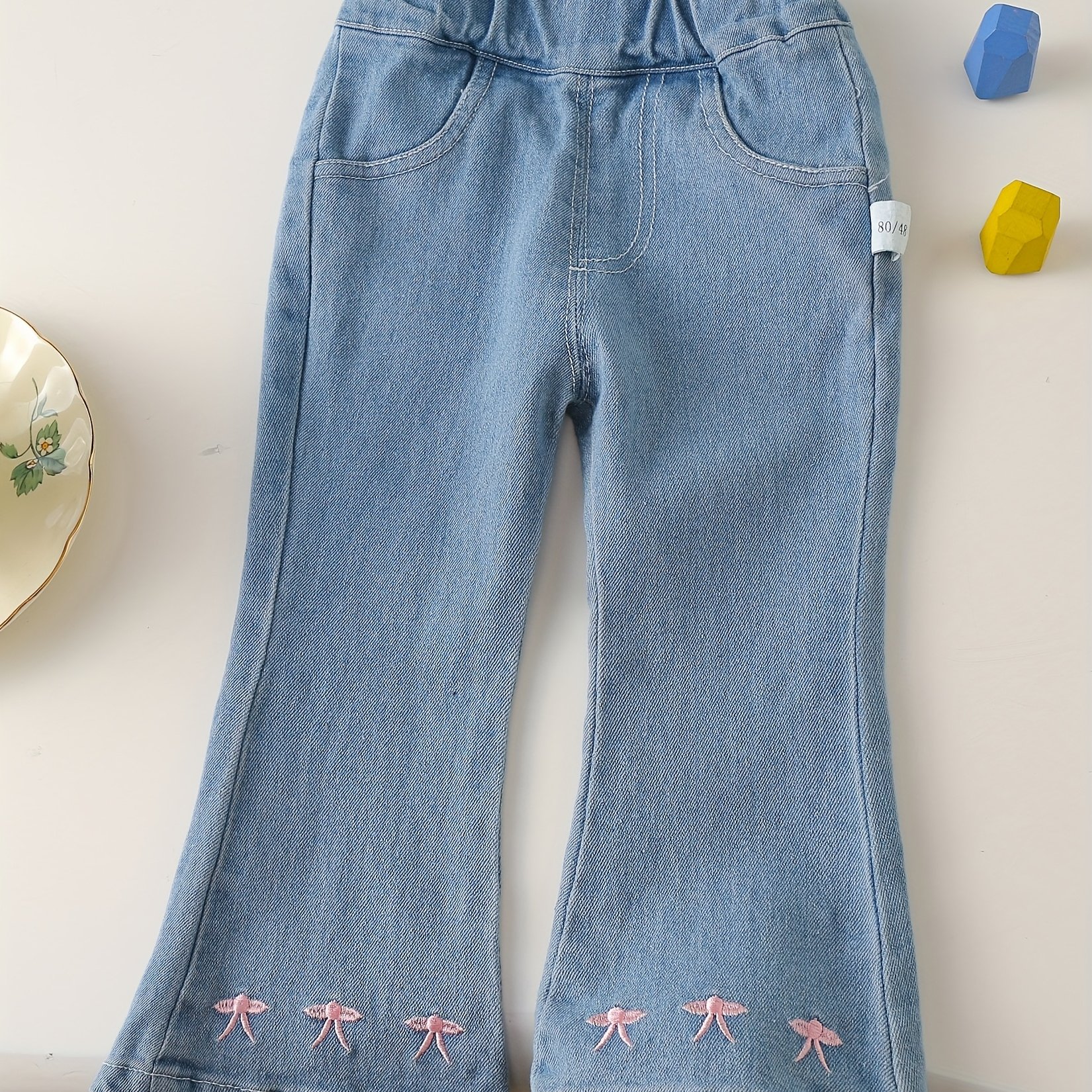 Image of 1pc Embroidered Bow Casual Fashion Denim Pants For Baby Girls, Spring/autumn Style, Ideal For Daily Wear, Outdoor, Parties, Birthdays, Perfect Gift For Baby Girls