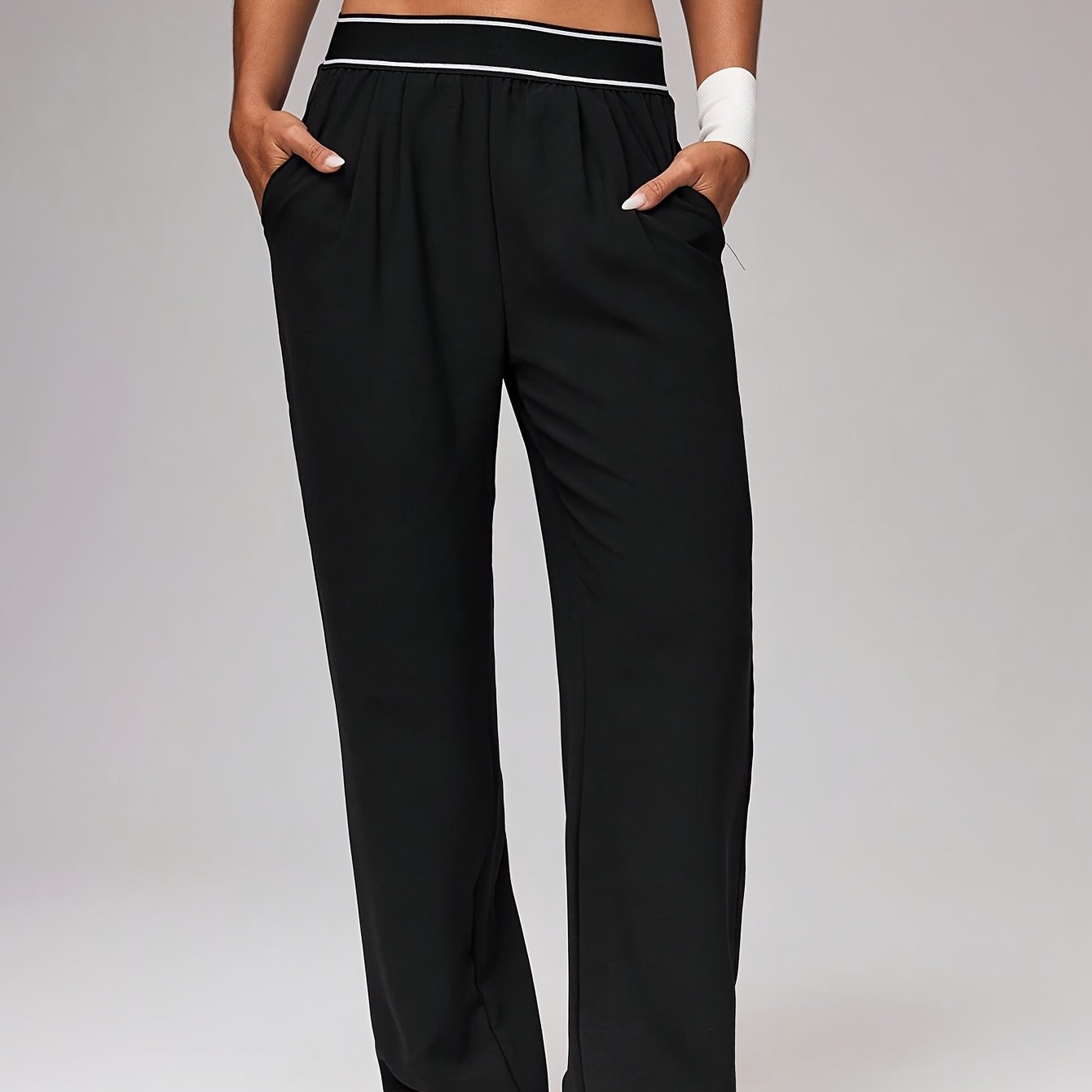 TEMU Women's Athletic Pants, Long Wide-leg Design With Pockets, Suitable For Comfortable Workouts