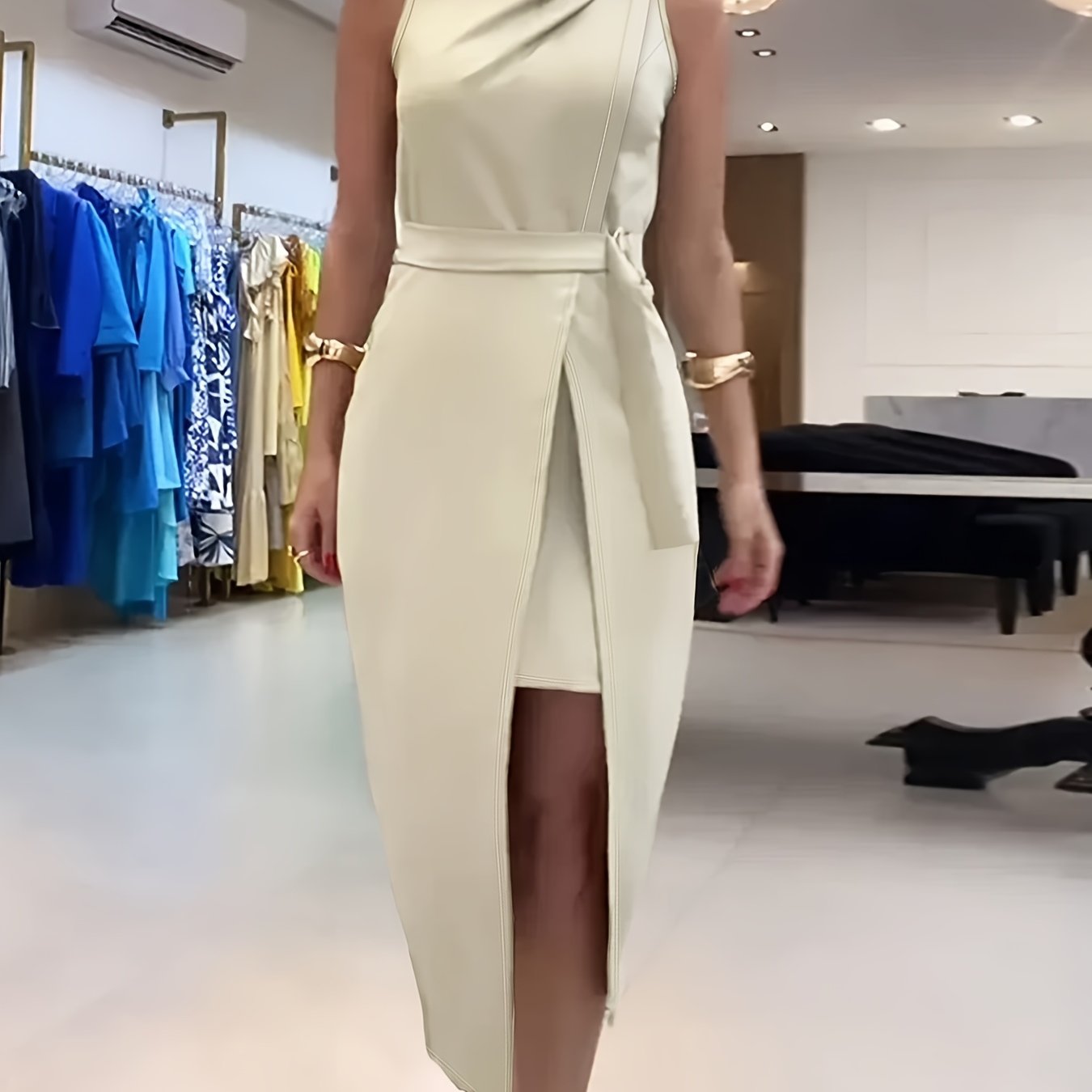 TEMU Elegant Sleeveless Midi Dress For Women - Chic With Tiered Waist, Crew Neck, Polyester, Parties, Weddings, And Formal Events, Wedding Dress