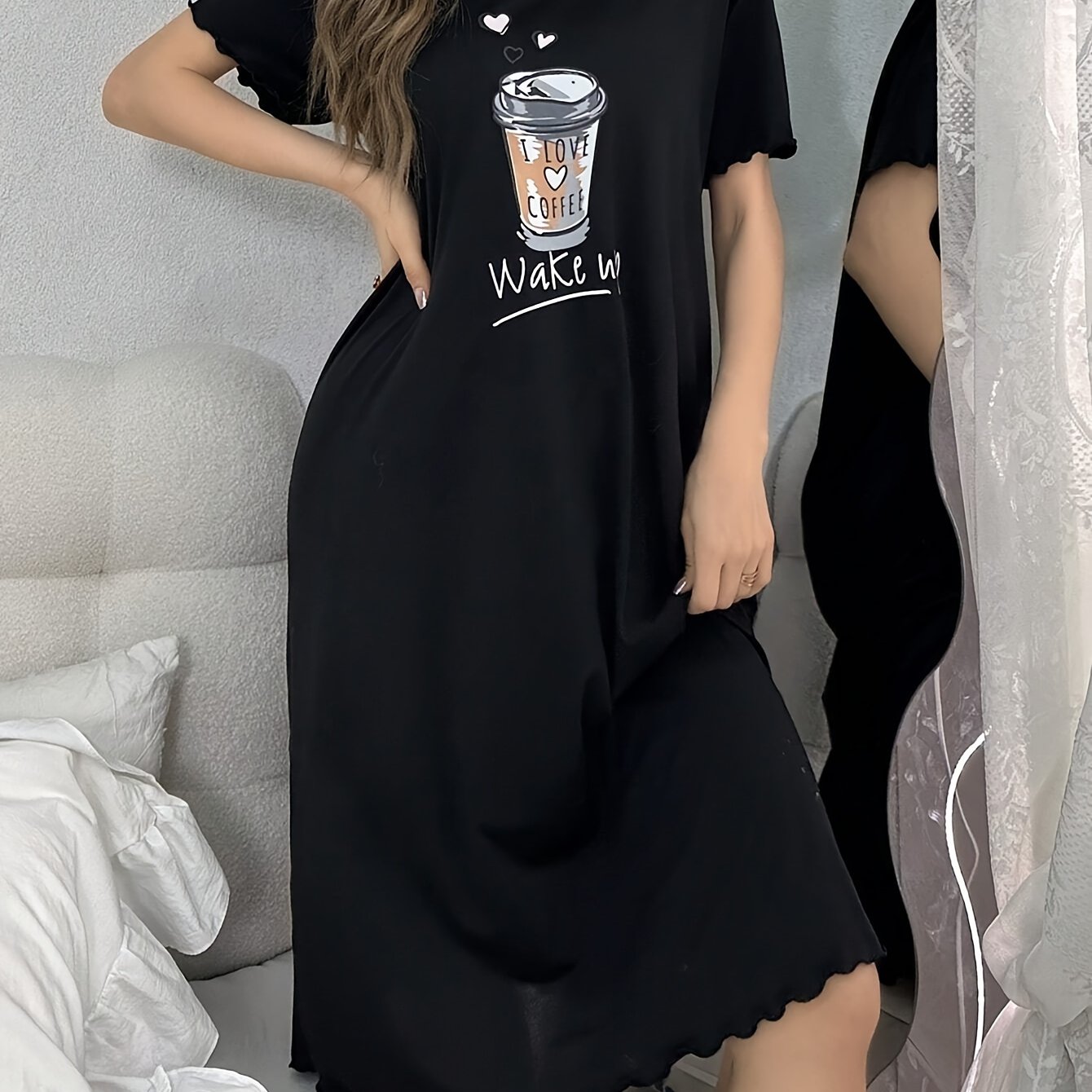 TEMU 커피 패턴 프린트 우아한 캐주얼 귀엽고 매끄러운 소매 단추 티셔츠 여성용 수면 드레스